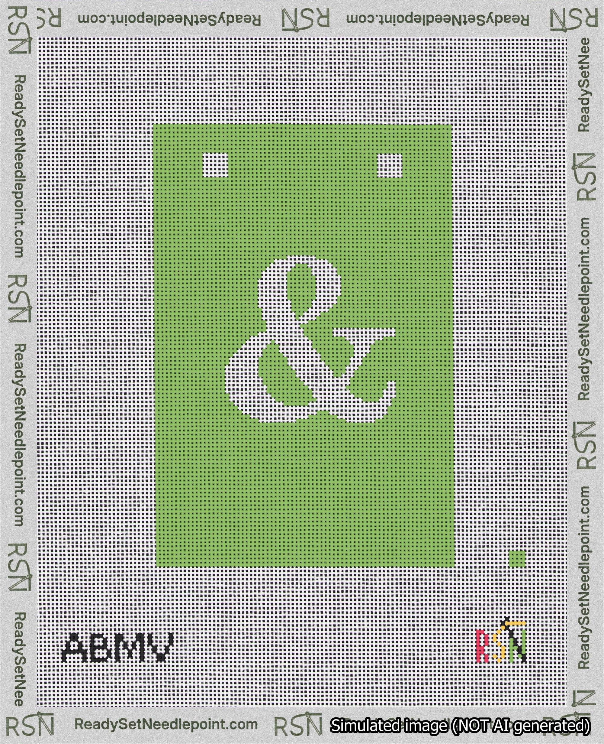 A taped needlepoint canvas with the design: Banner 18 mesh count Squared Ampersand White on Light Green.