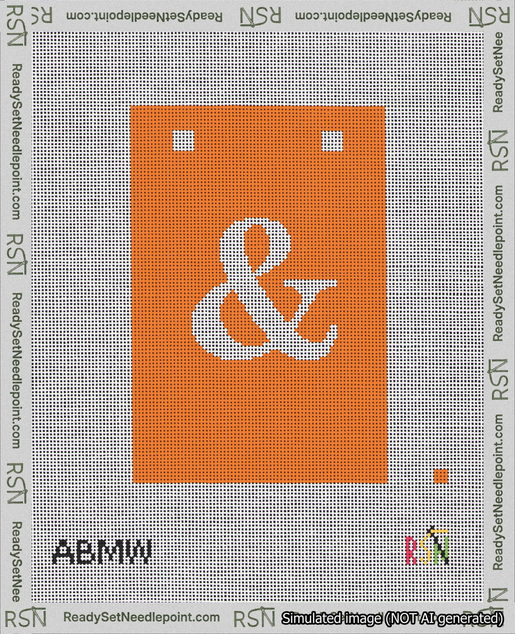 A taped needlepoint canvas with the design: Banner 18 mesh count Squared Ampersand White on Orange.