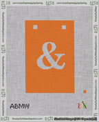 A taped needlepoint canvas with the design: Banner 18 mesh count Squared Ampersand White on Orange.