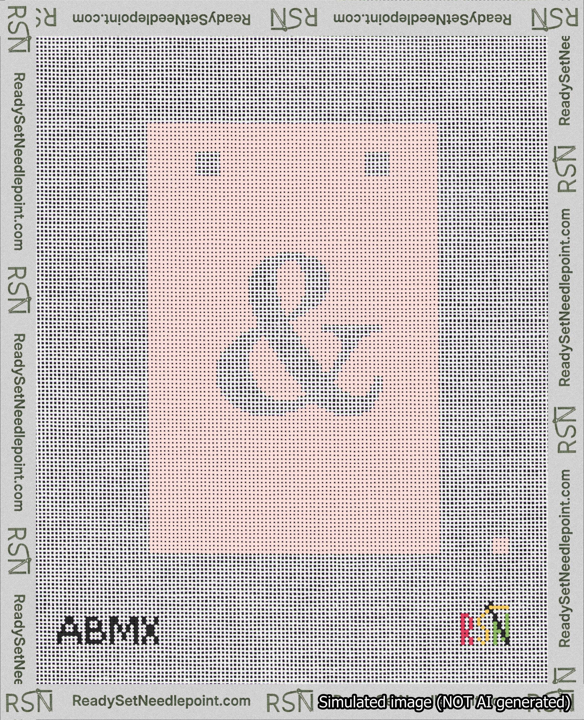 A taped needlepoint canvas with the design: Banner 18 mesh count Squared Ampersand White on Pink.
