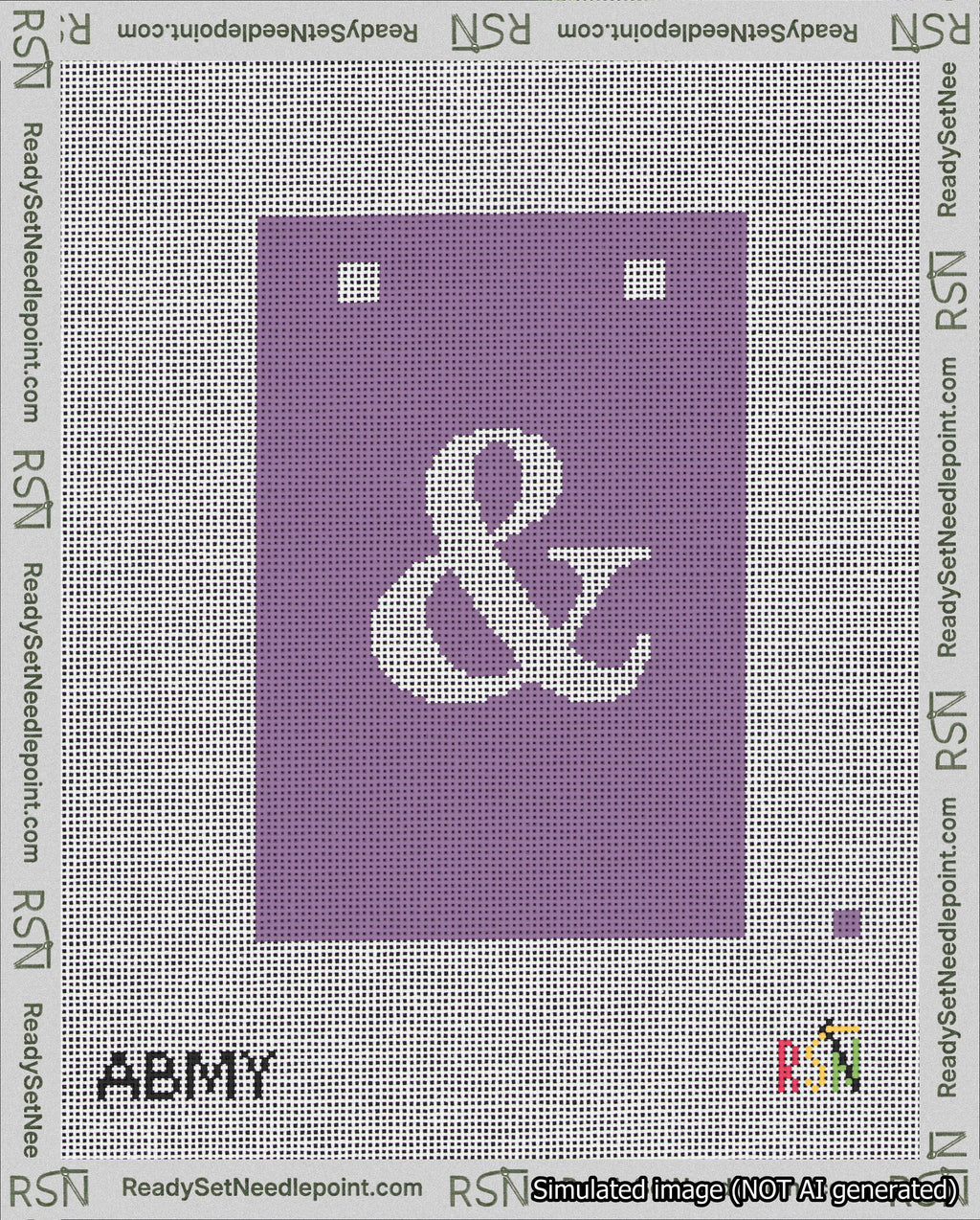 A taped needlepoint canvas with the design: Banner 18 mesh count Squared Ampersand White on Purple.