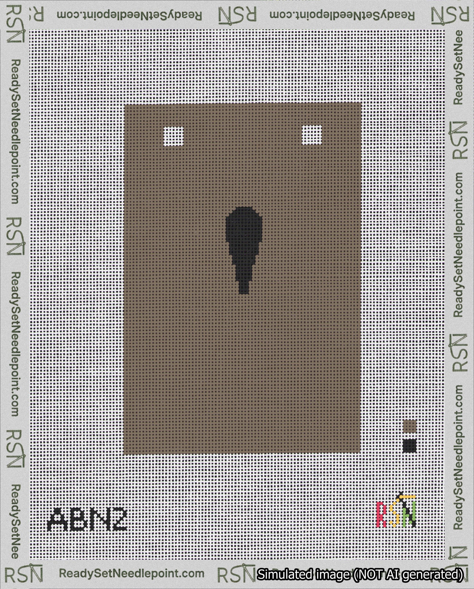 A taped needlepoint canvas with the design: Banner 18 mesh count Squared Apostrophe Black on Brown.