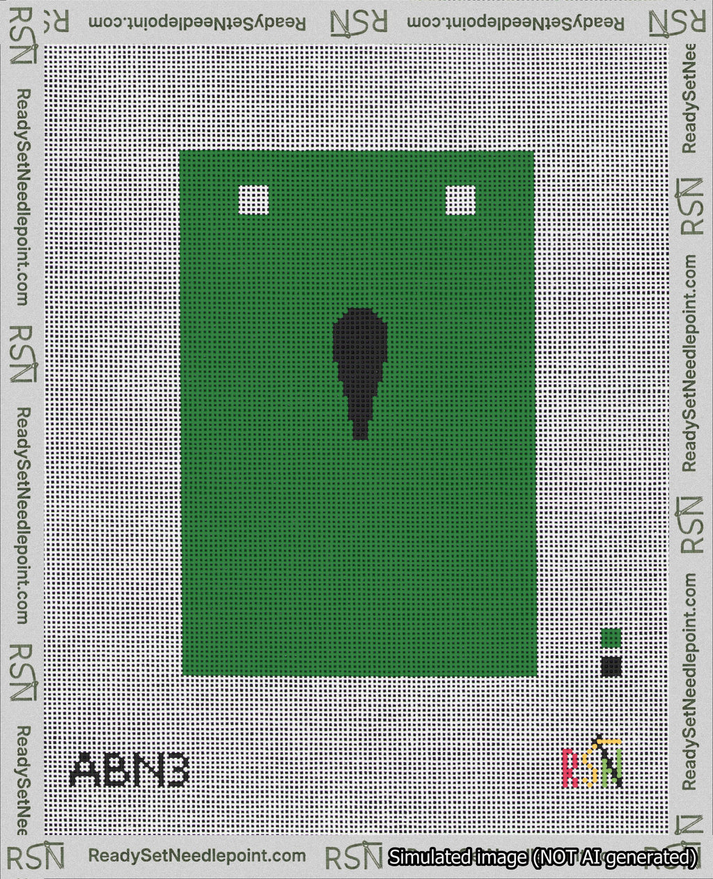 A taped needlepoint canvas with the design: Banner 18 mesh count Squared Apostrophe Black on Green.