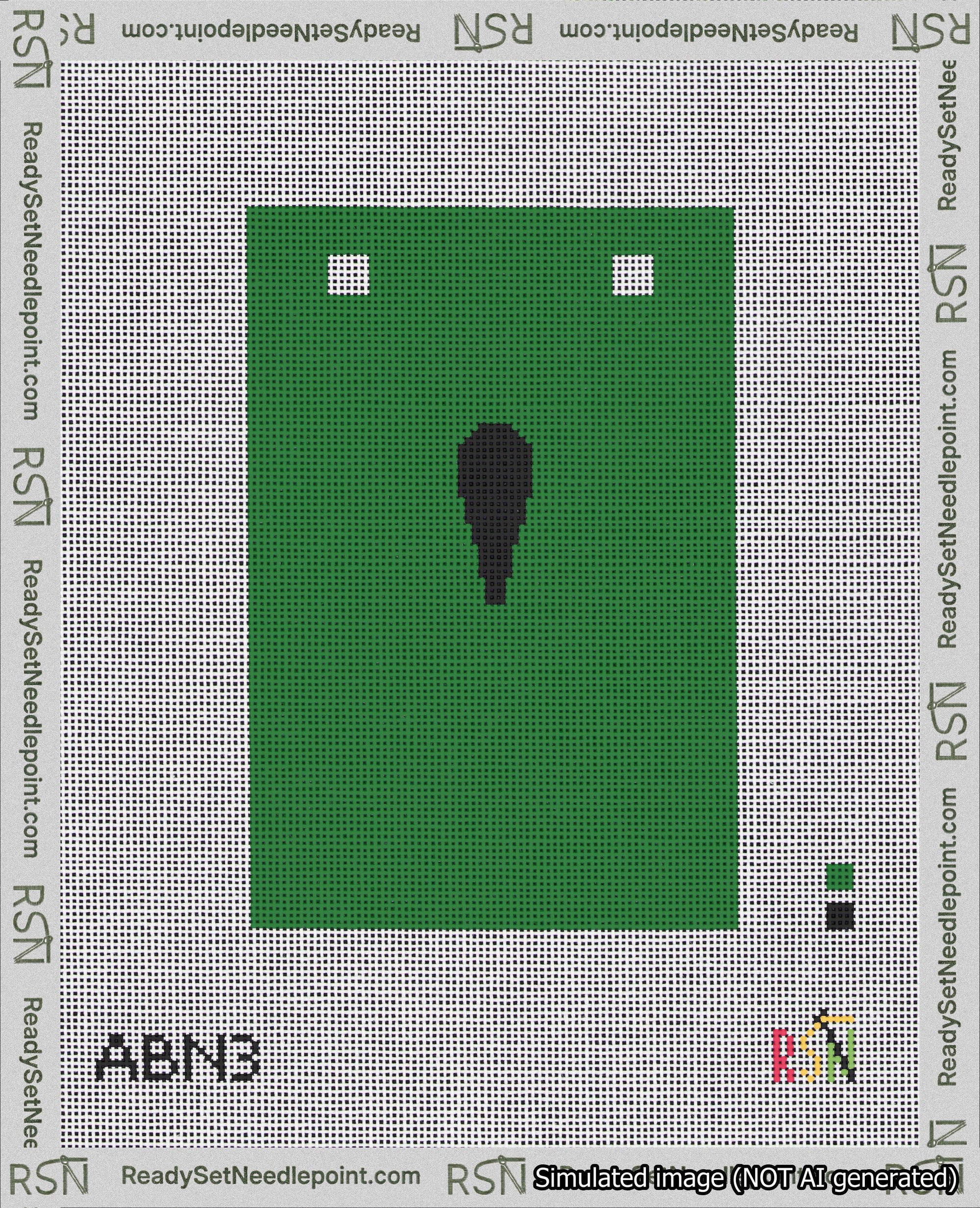 A taped needlepoint canvas with the design: Banner 18 mesh count Squared Apostrophe Black on Green.