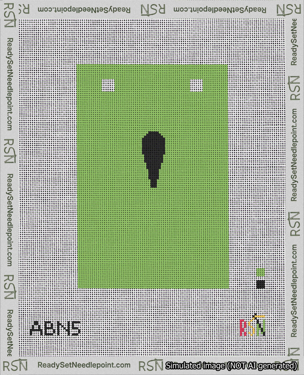 A taped needlepoint canvas with the design: Banner 18 mesh count Squared Apostrophe Black on Light Green.