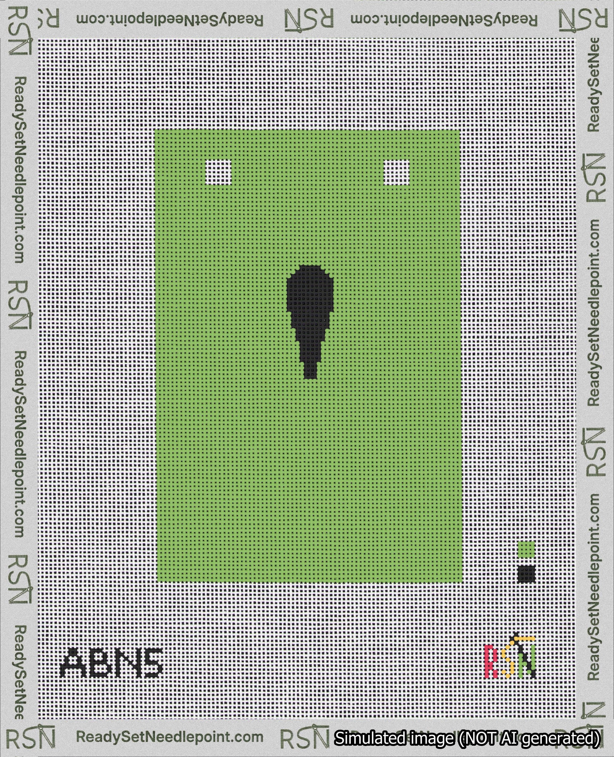 A taped needlepoint canvas with the design: Banner 18 mesh count Squared Apostrophe Black on Light Green.