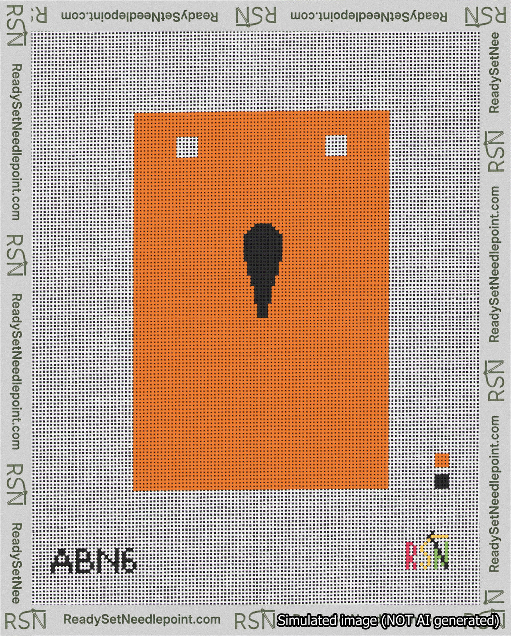 A taped needlepoint canvas with the design: Banner 18 mesh count Squared Apostrophe Black on Orange.