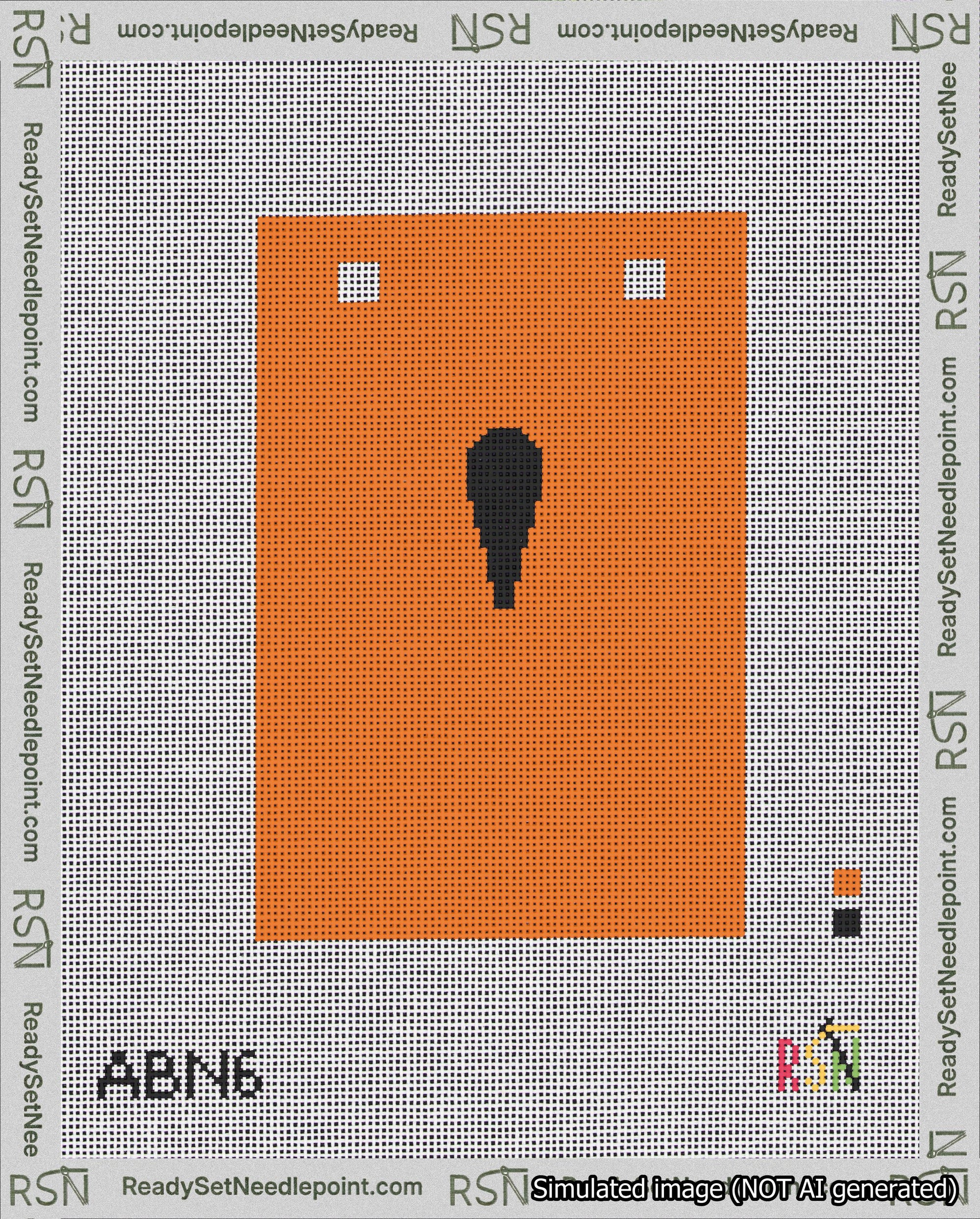 A taped needlepoint canvas with the design: Banner 18 mesh count Squared Apostrophe Black on Orange.