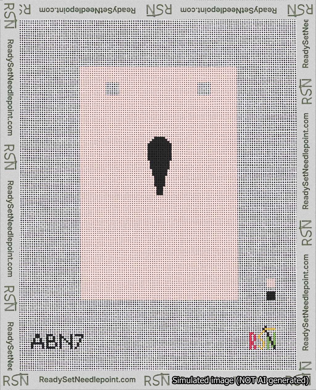 A taped needlepoint canvas with the design: Banner 18 mesh count Squared Apostrophe Black on Pink.