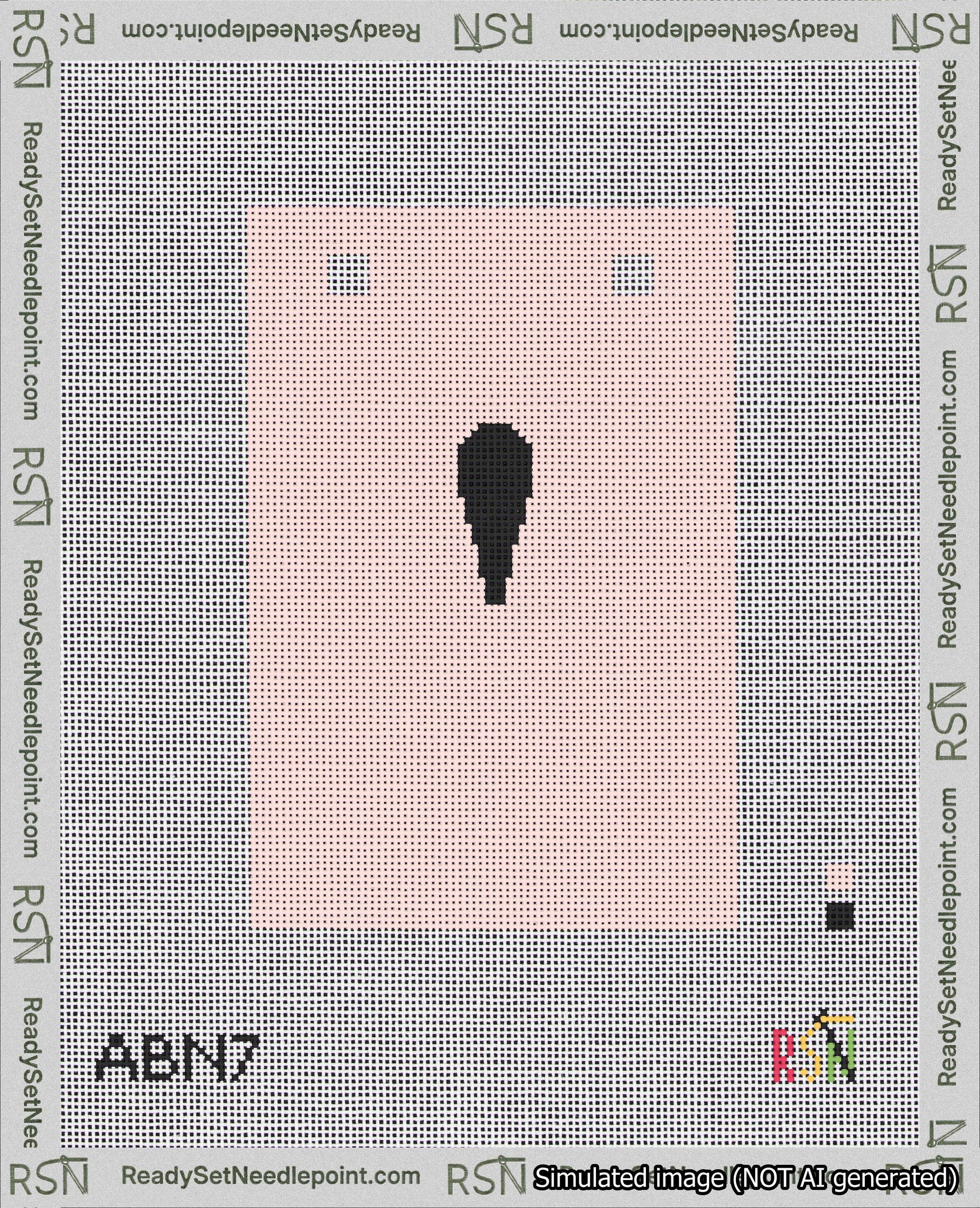 A taped needlepoint canvas with the design: Banner 18 mesh count Squared Apostrophe Black on Pink.