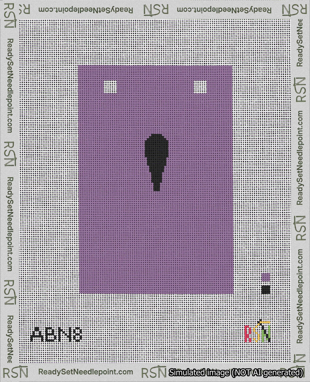 A taped needlepoint canvas with the design: Banner 18 mesh count Squared Apostrophe Black on Purple.