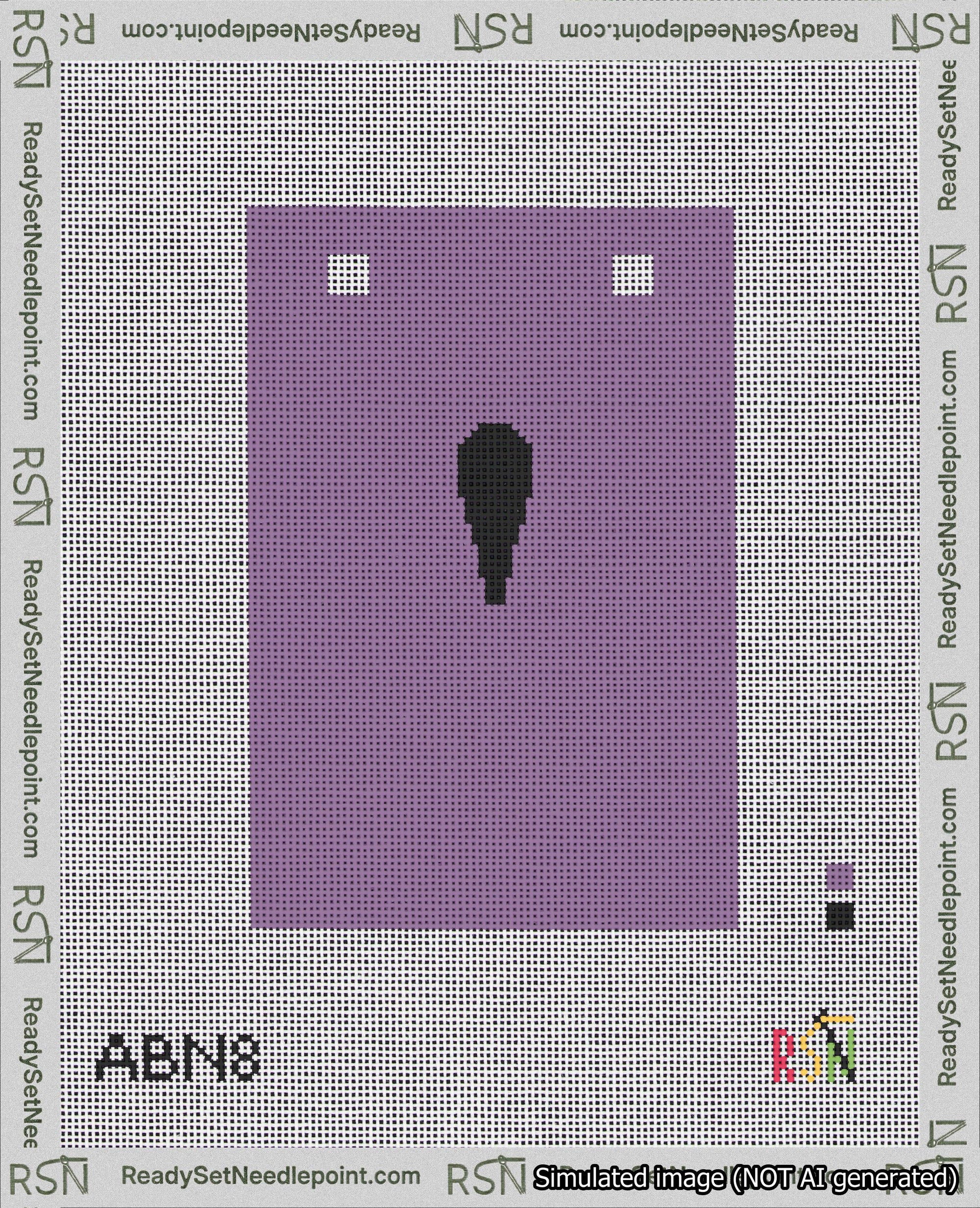 A taped needlepoint canvas with the design: Banner 18 mesh count Squared Apostrophe Black on Purple.