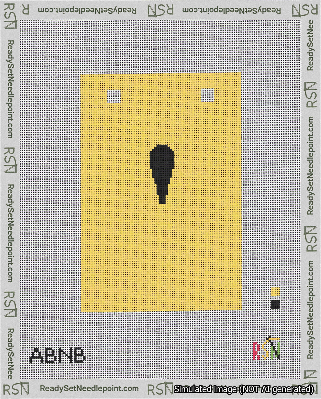A taped needlepoint canvas with the design: Banner 18 mesh count Squared Apostrophe Black on Yellow.