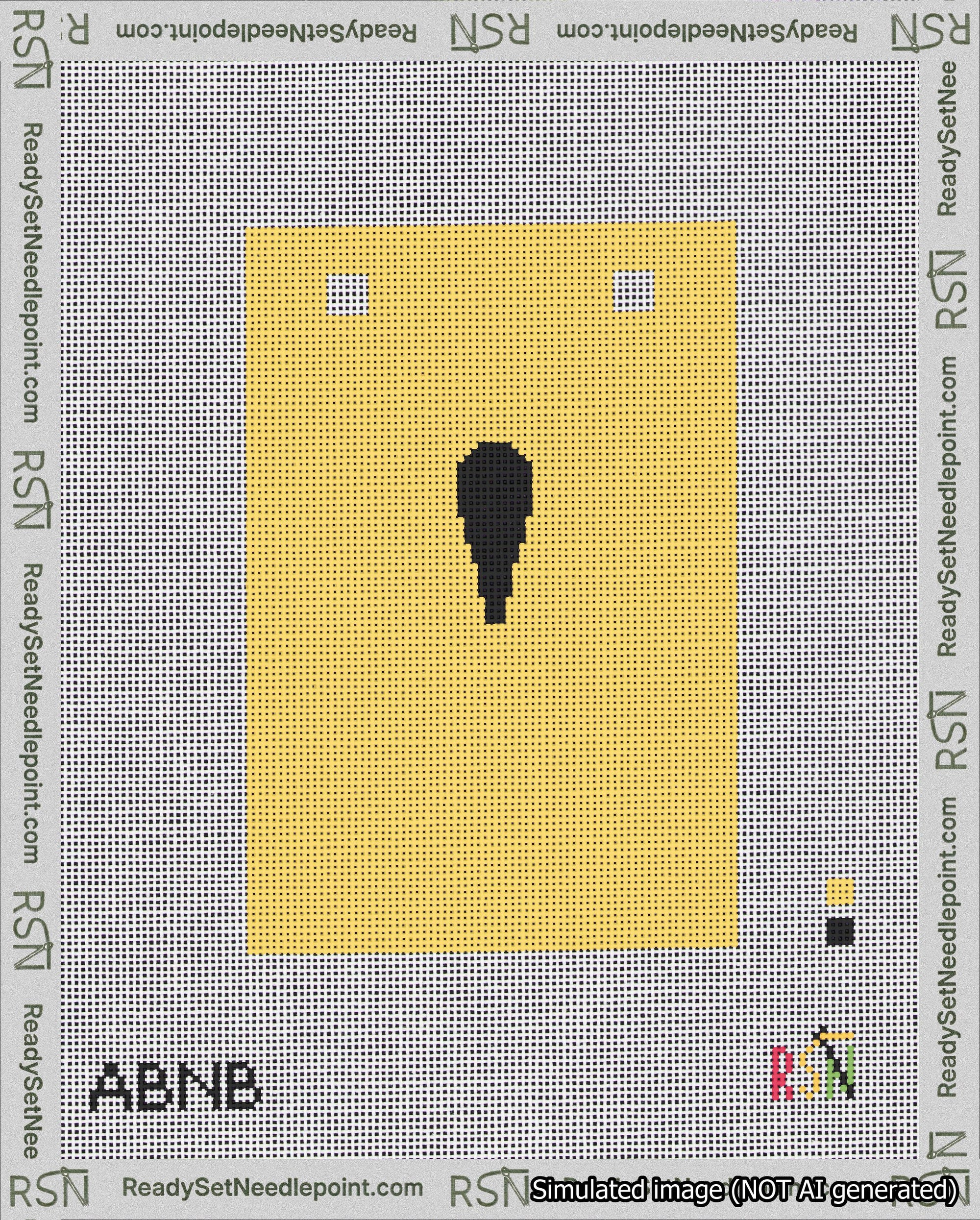 A taped needlepoint canvas with the design: Banner 18 mesh count Squared Apostrophe Black on Yellow.