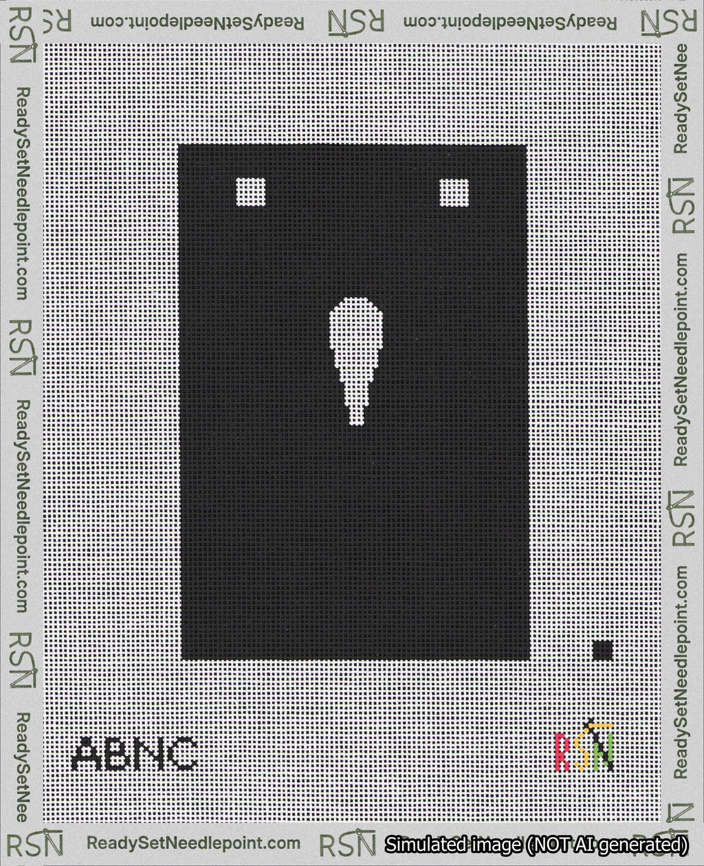 A taped needlepoint canvas with the design: Banner 18 mesh count Squared Apostrophe White on Black.