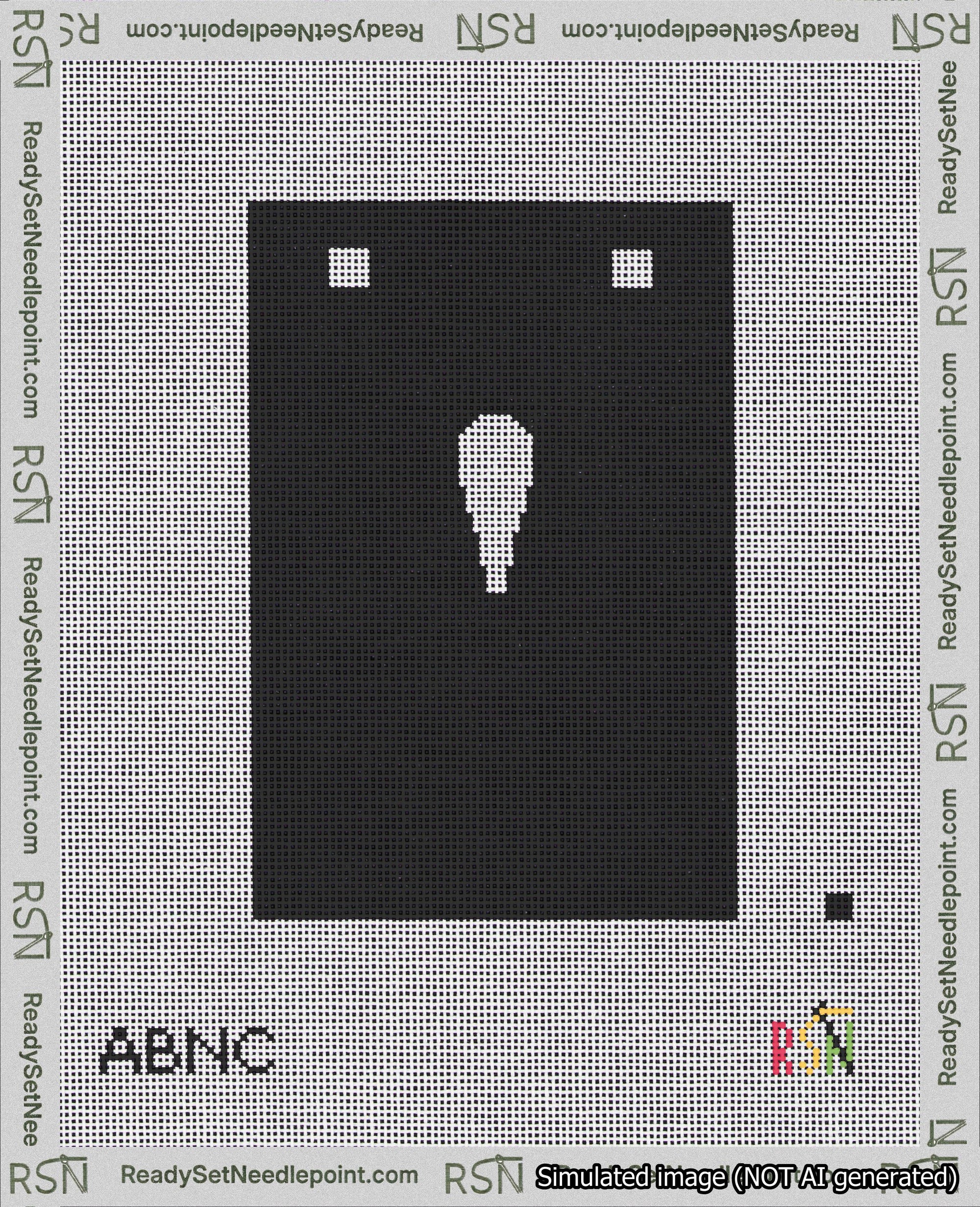 A taped needlepoint canvas with the design: Banner 18 mesh count Squared Apostrophe White on Black.