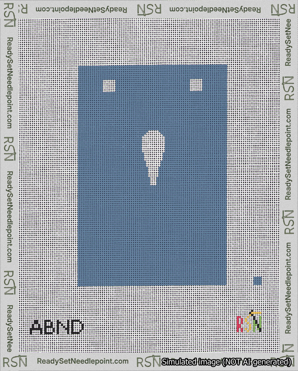 A taped needlepoint canvas with the design: Banner 18 mesh count Squared Apostrophe White on Blue.