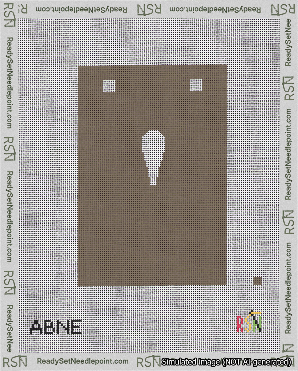 A taped needlepoint canvas with the design: Banner 18 mesh count Squared Apostrophe White on Brown.