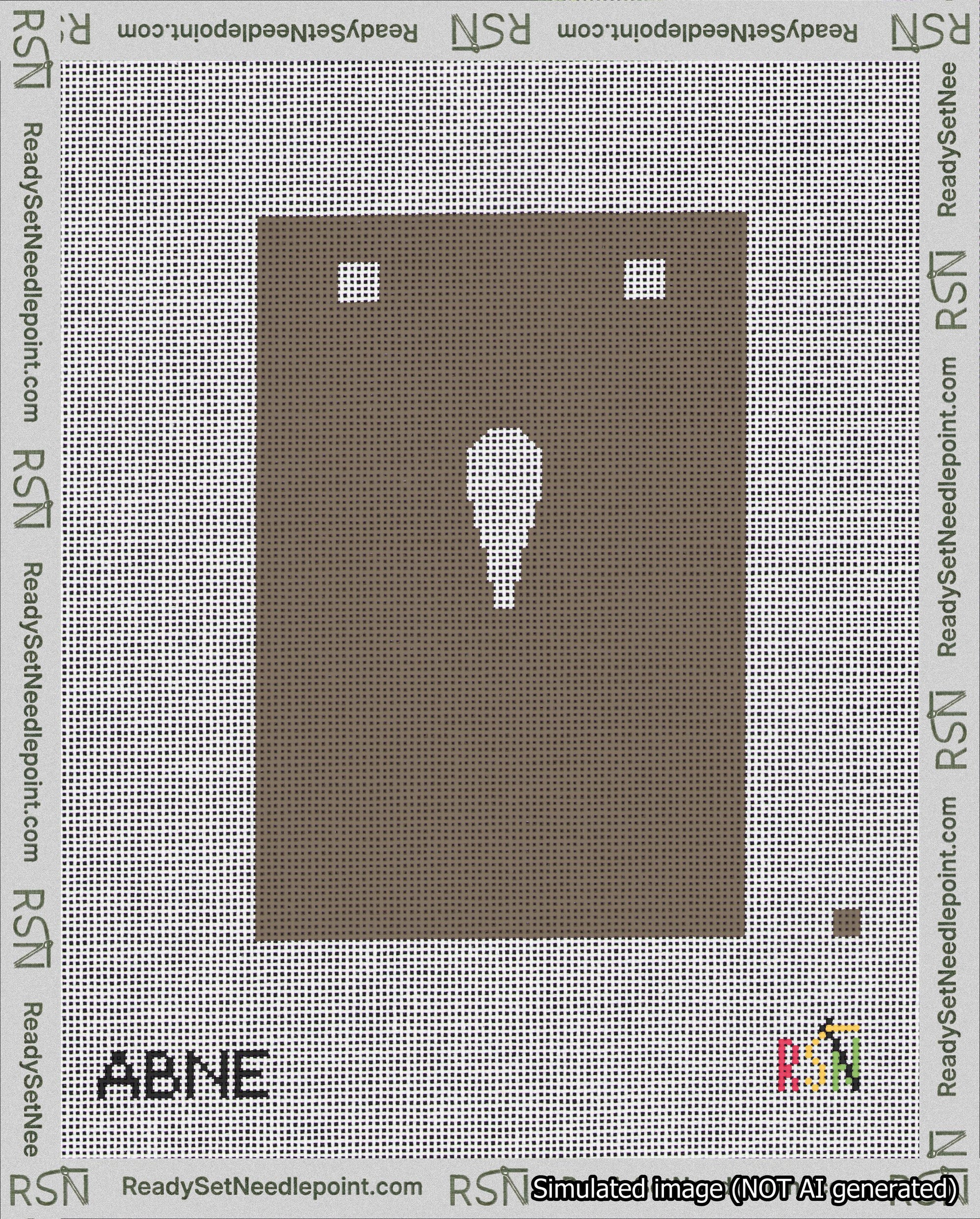 A taped needlepoint canvas with the design: Banner 18 mesh count Squared Apostrophe White on Brown.