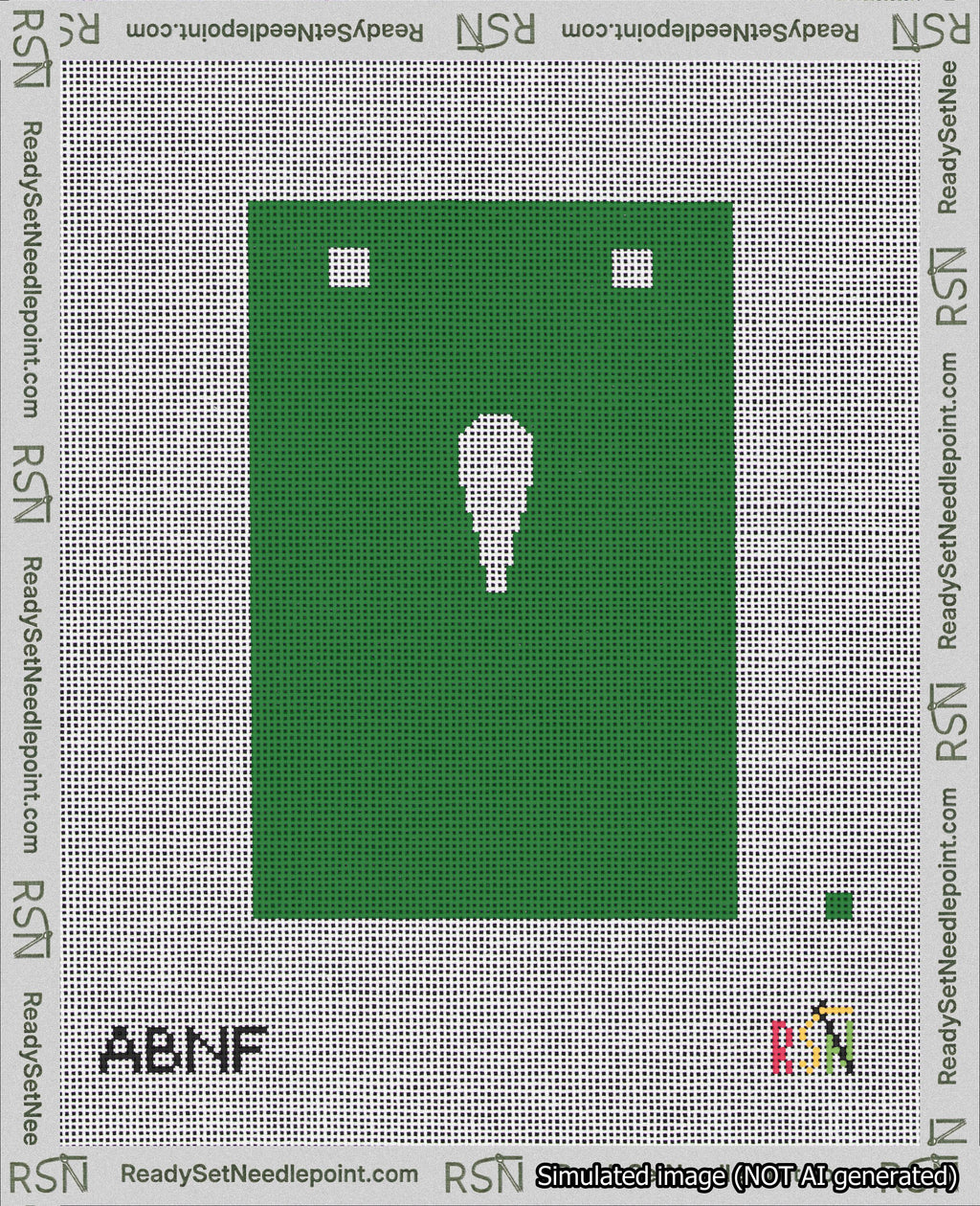 A taped needlepoint canvas with the design: Banner 18 mesh count Squared Apostrophe White on Green.