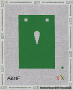 A taped needlepoint canvas with the design: Banner 18 mesh count Squared Apostrophe White on Green.