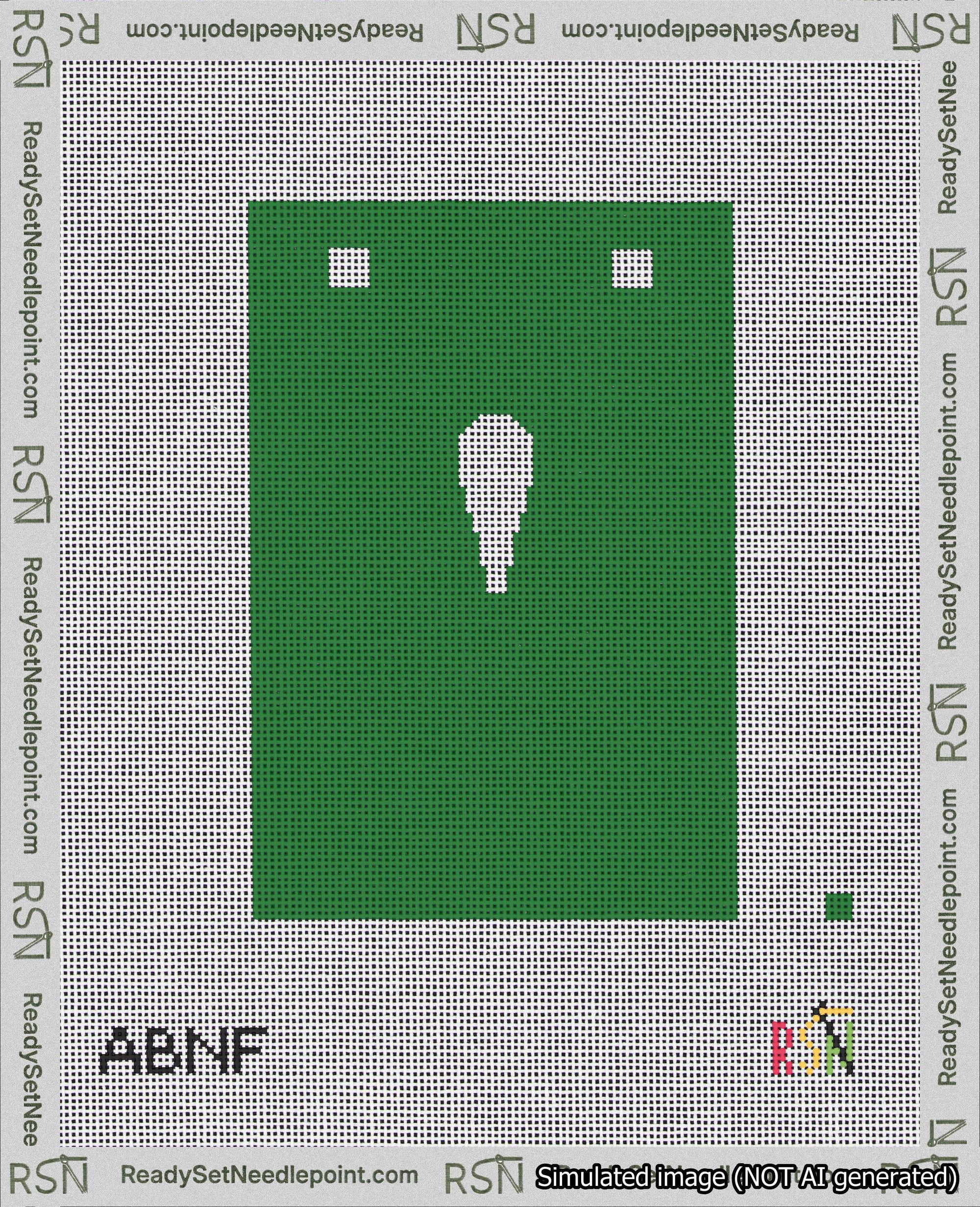 A taped needlepoint canvas with the design: Banner 18 mesh count Squared Apostrophe White on Green.