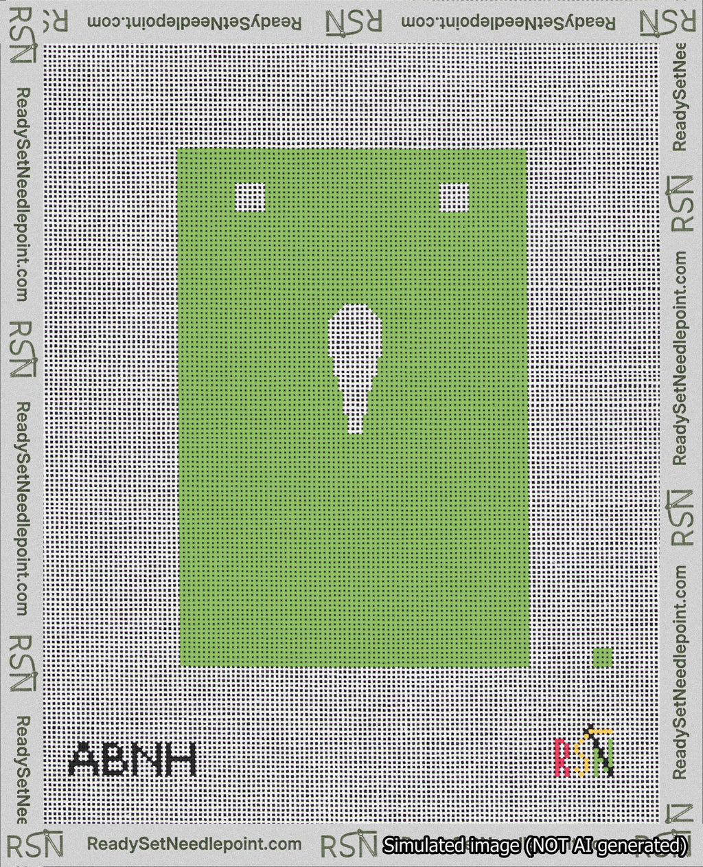 A taped needlepoint canvas with the design: Banner 18 mesh count Squared Apostrophe White on Light Green.