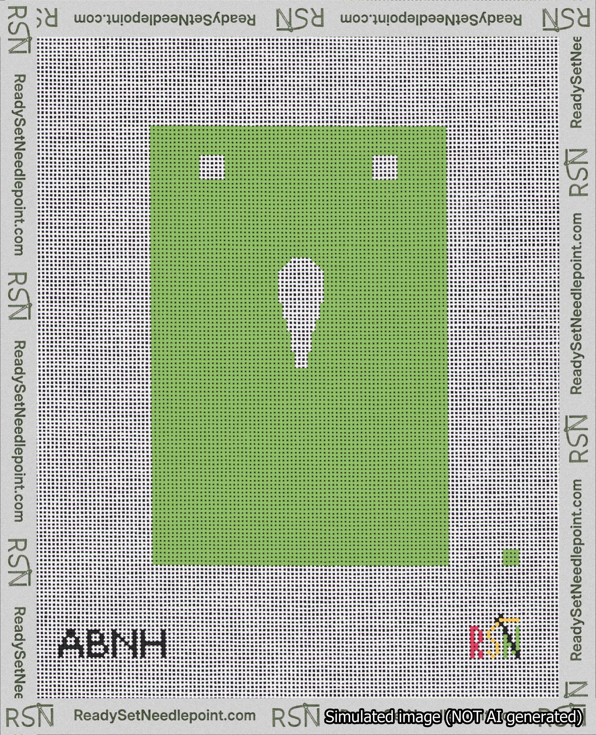 A taped needlepoint canvas with the design: Banner 18 mesh count Squared Apostrophe White on Light Green.