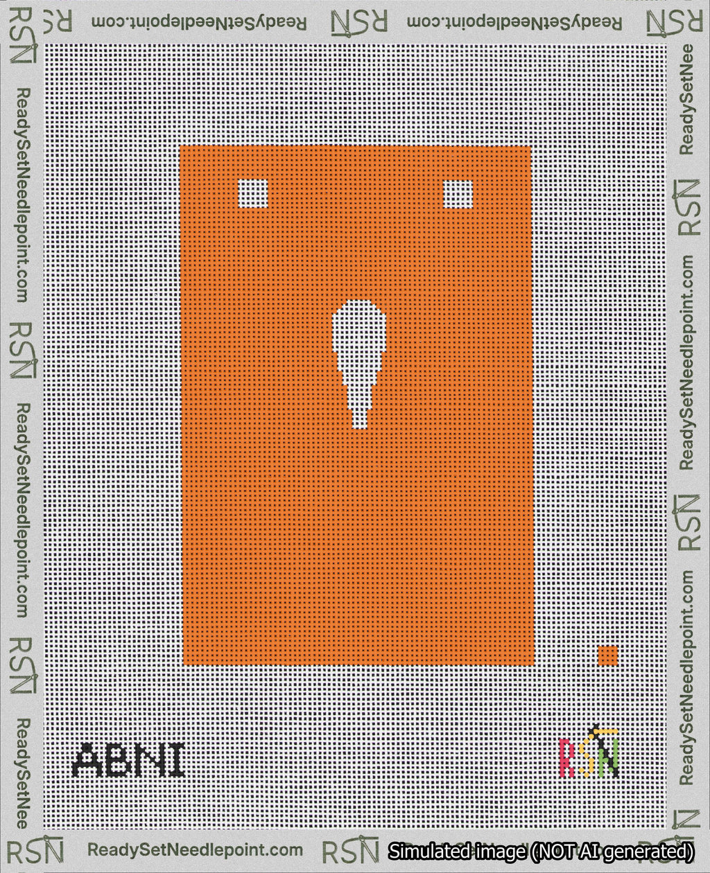 A taped needlepoint canvas with the design: Banner 18 mesh count Squared Apostrophe White on Orange.