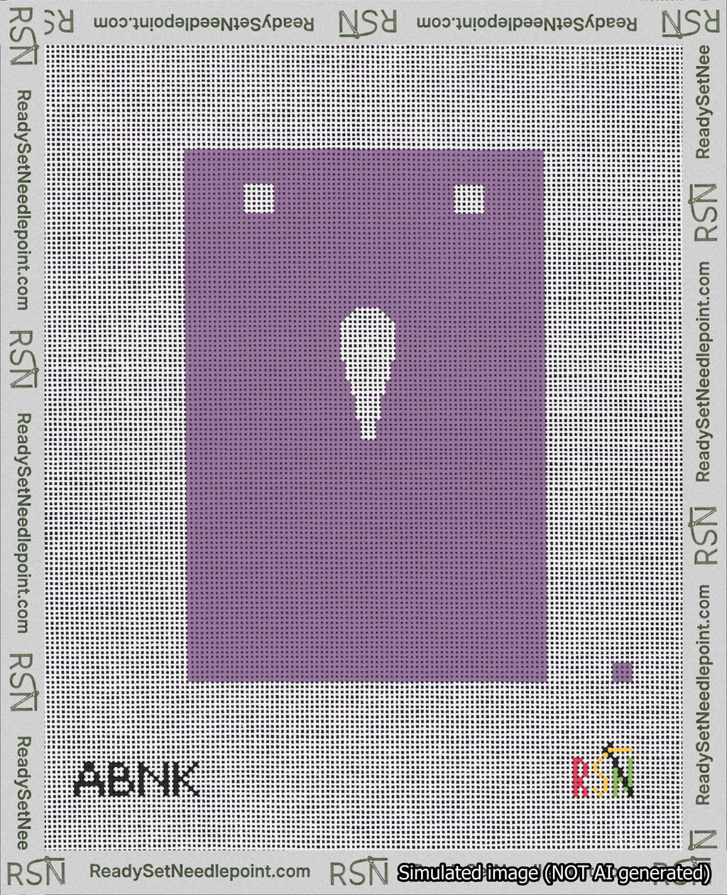 A taped needlepoint canvas with the design: Banner 18 mesh count Squared Apostrophe White on Purple.