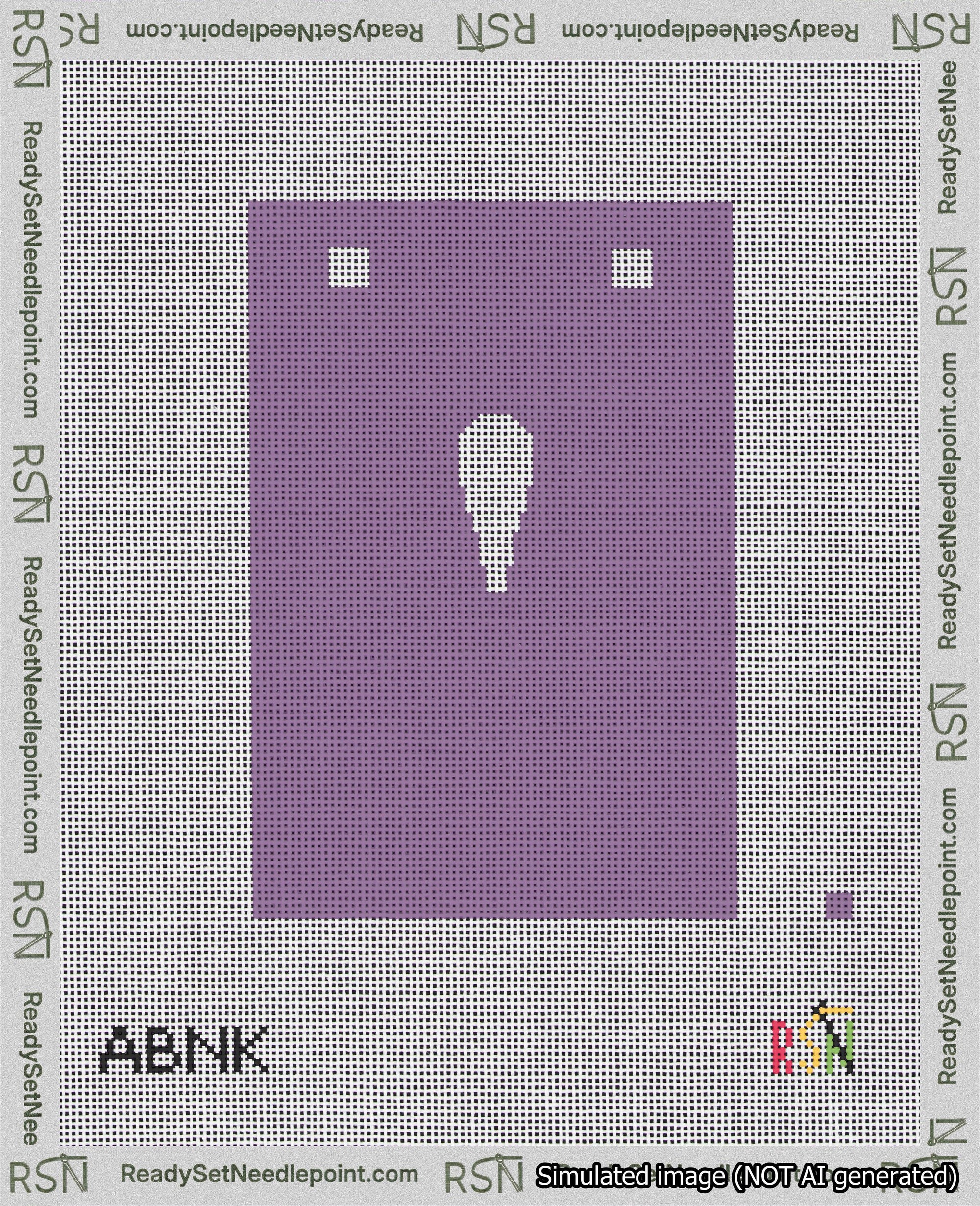 A taped needlepoint canvas with the design: Banner 18 mesh count Squared Apostrophe White on Purple.