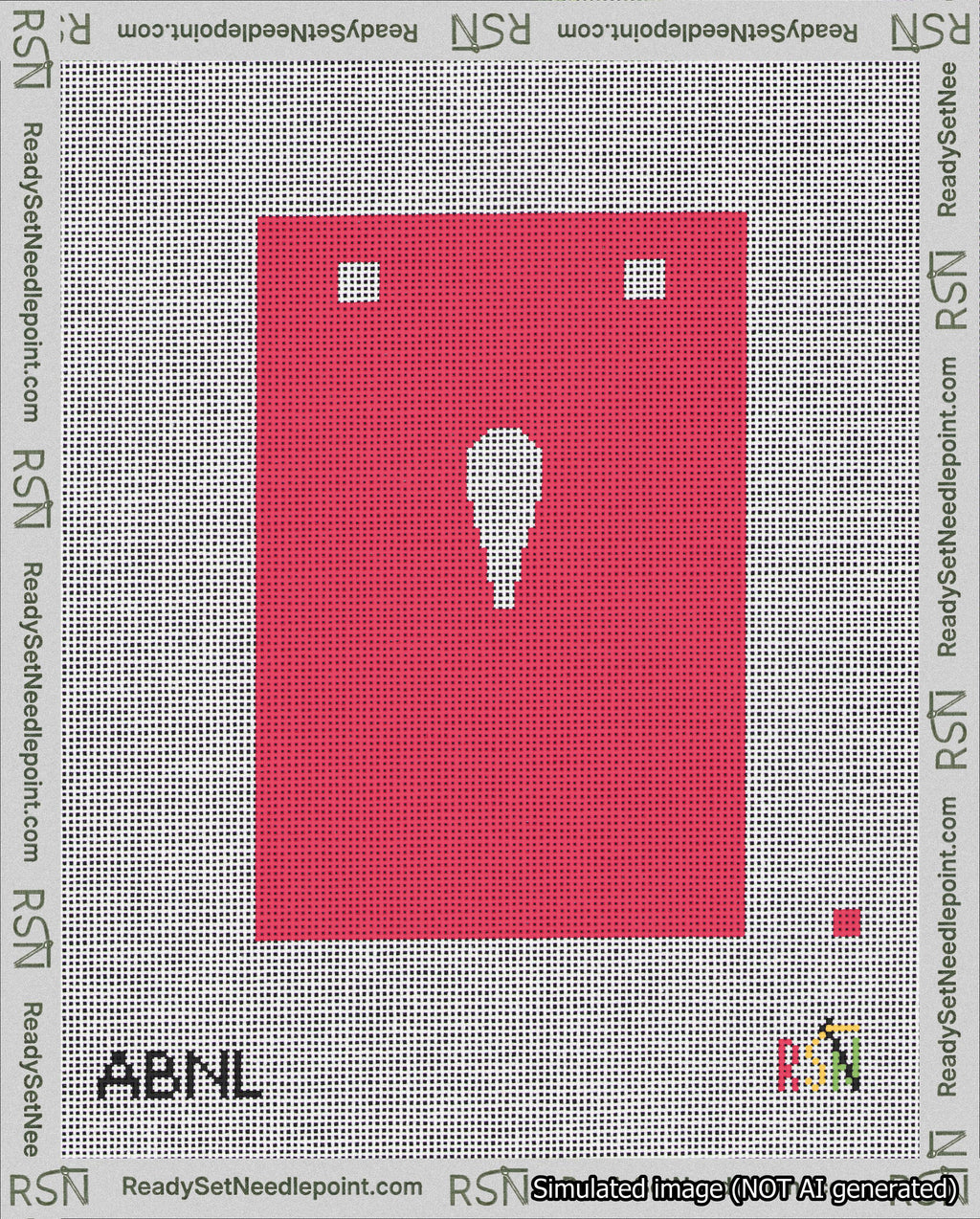 A taped needlepoint canvas with the design: Banner 18 mesh count Squared Apostrophe White on Red.