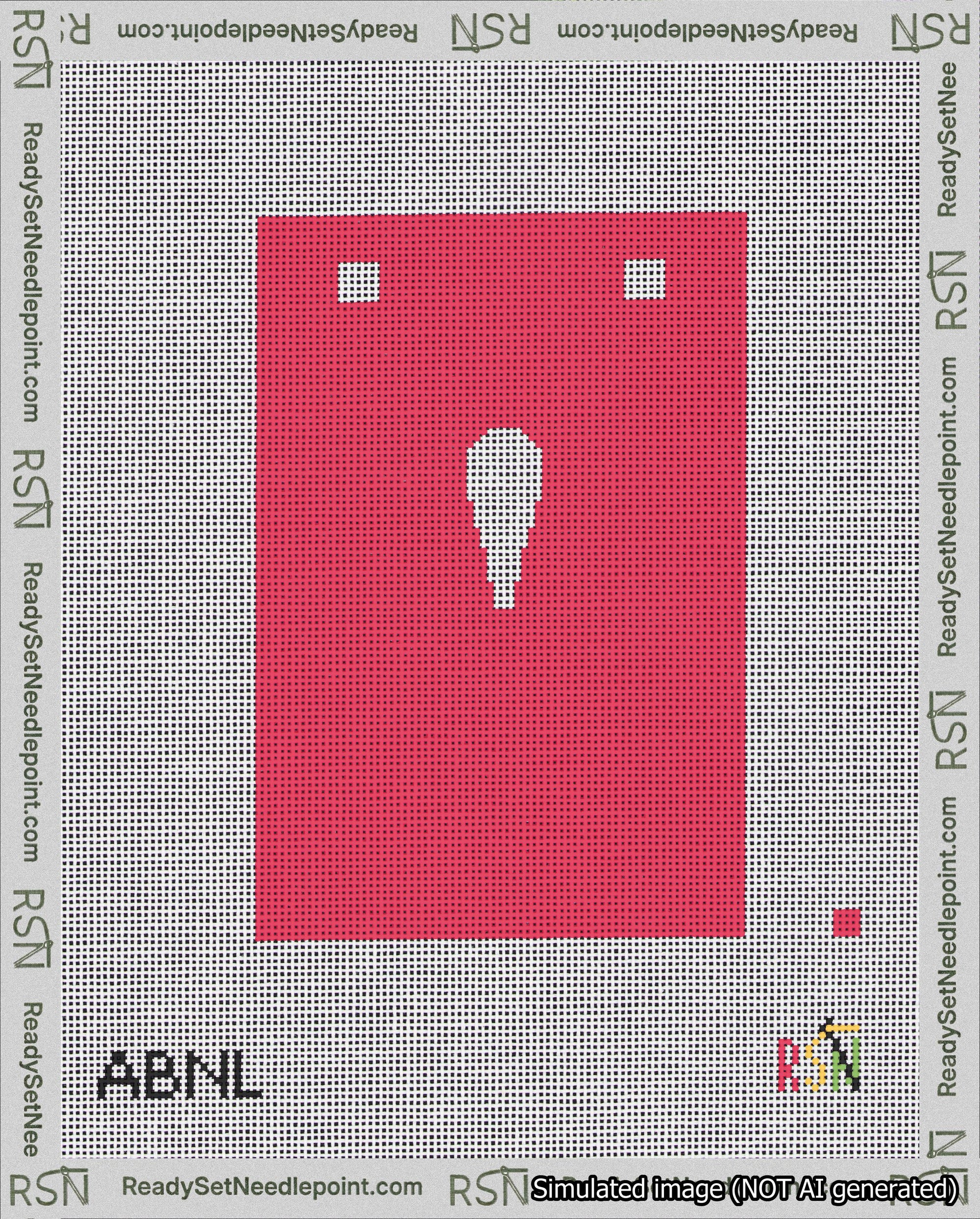 A taped needlepoint canvas with the design: Banner 18 mesh count Squared Apostrophe White on Red.