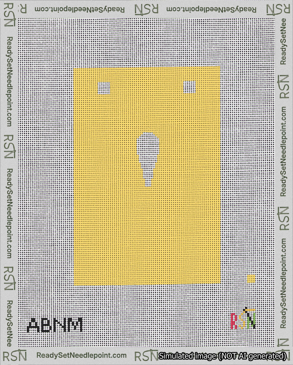 A taped needlepoint canvas with the design: Banner 18 mesh count Squared Apostrophe White on Yellow.