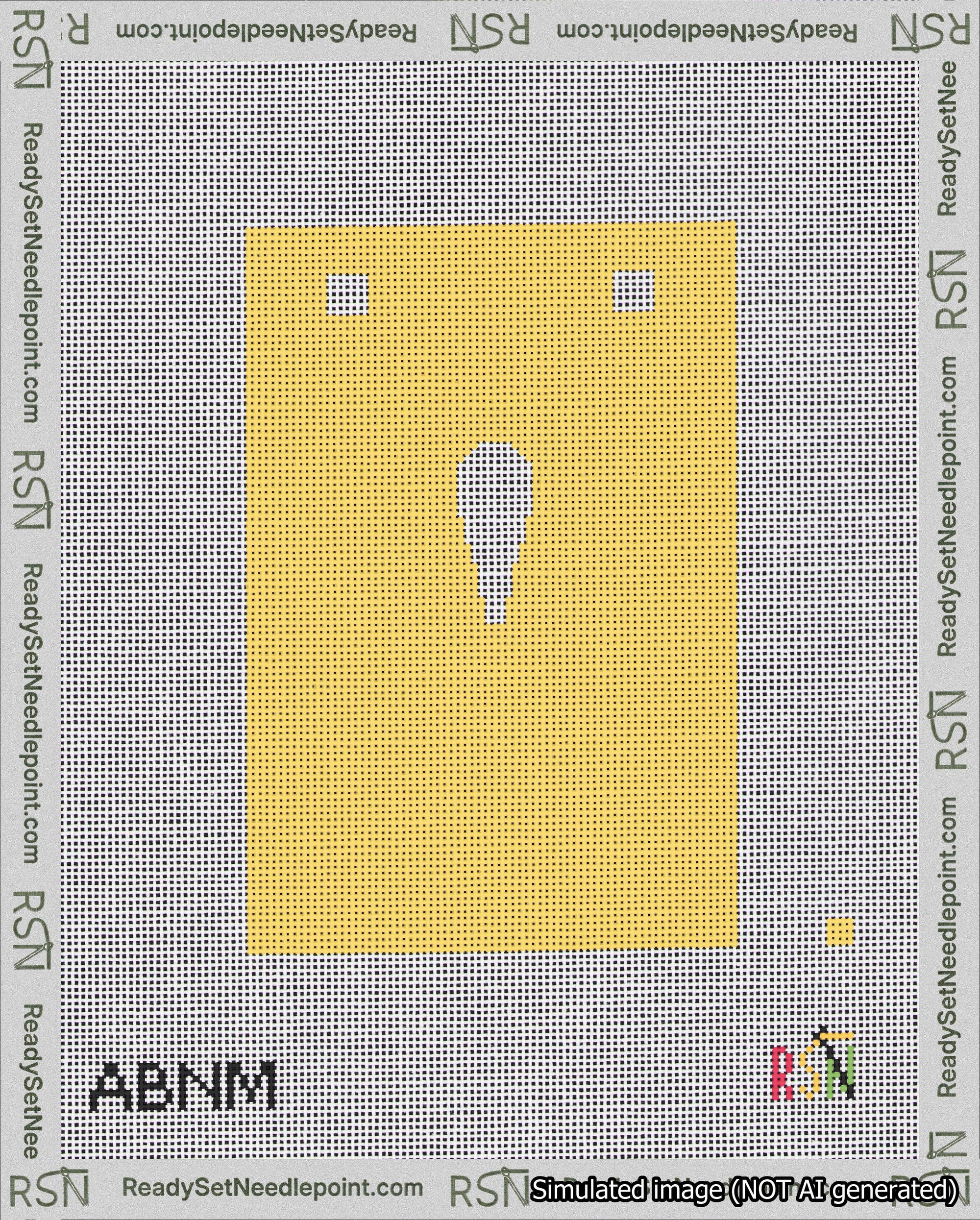 A taped needlepoint canvas with the design: Banner 18 mesh count Squared Apostrophe White on Yellow.
