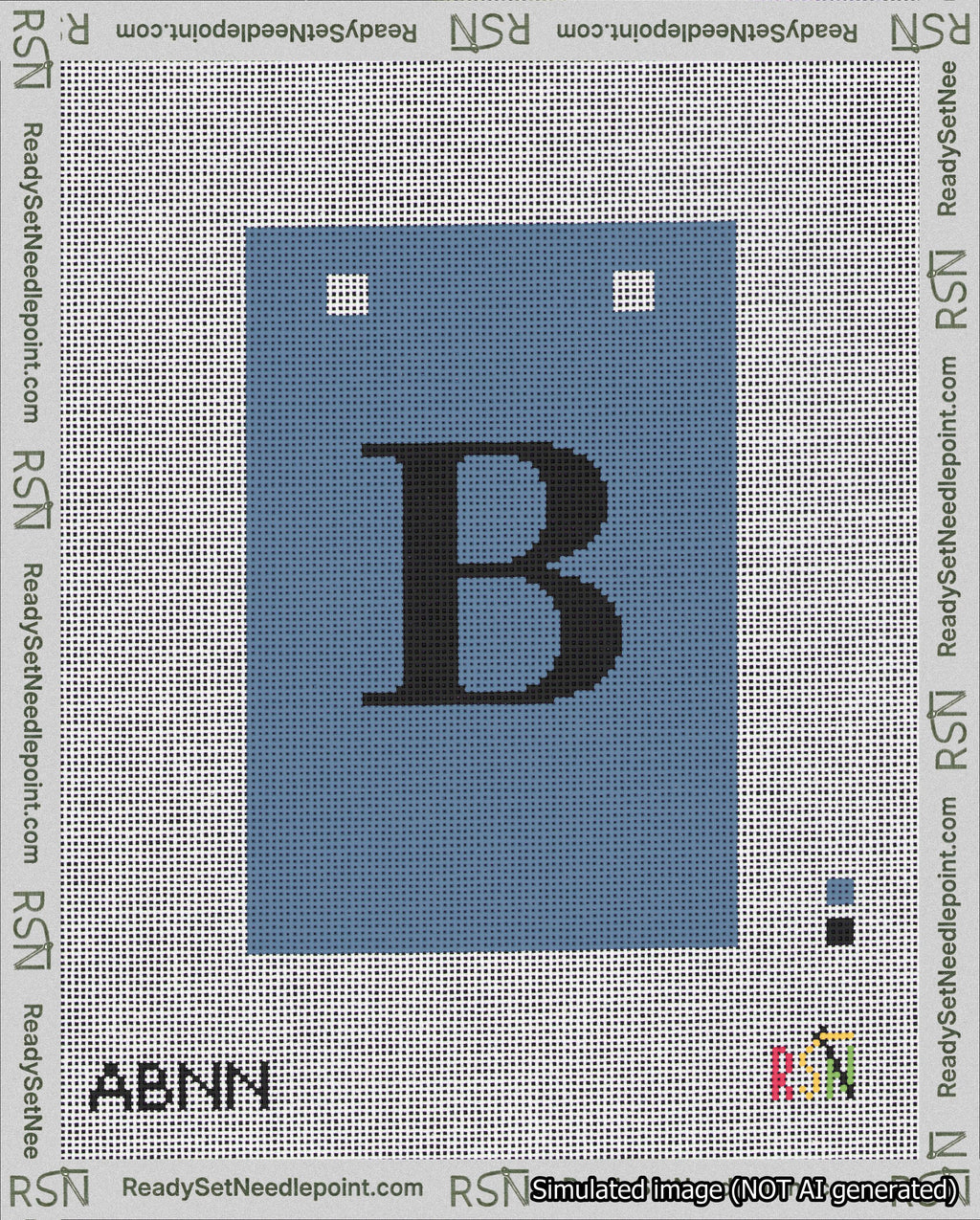 A taped needlepoint canvas with the design: Banner 18 mesh count Squared B Black on Blue.