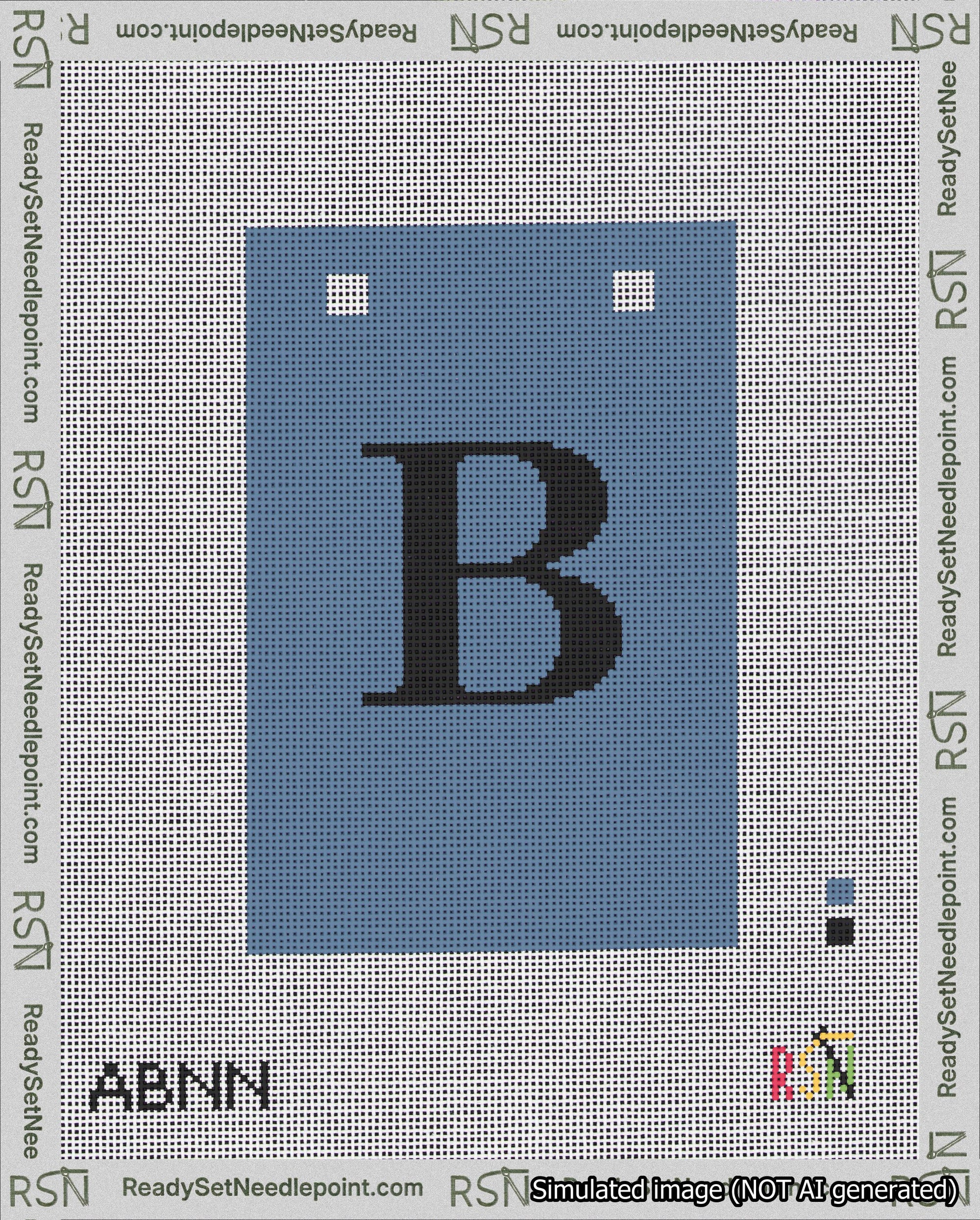 A taped needlepoint canvas with the design: Banner 18 mesh count Squared B Black on Blue.
