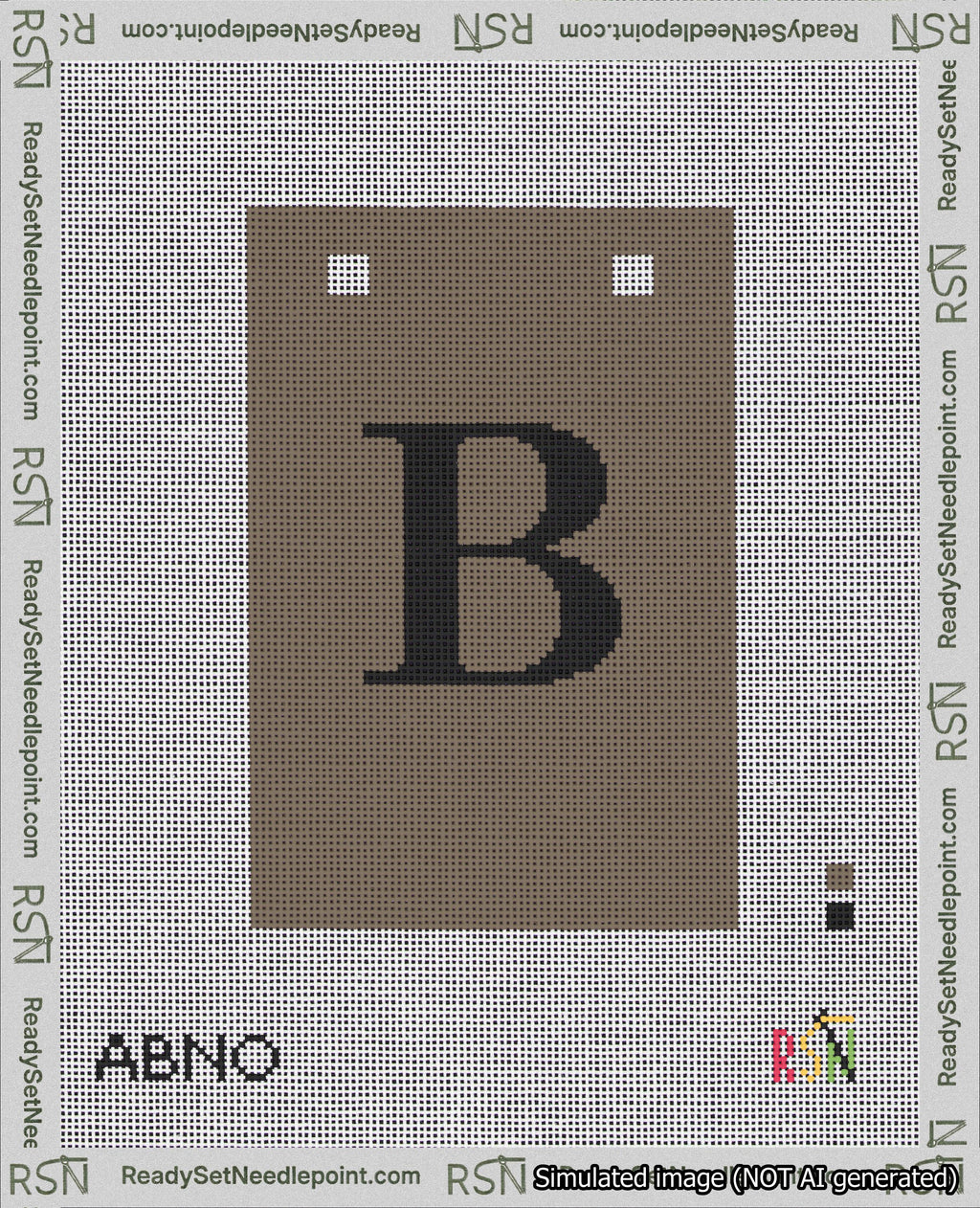 A taped needlepoint canvas with the design: Banner 18 mesh count Squared B Black on Brown.