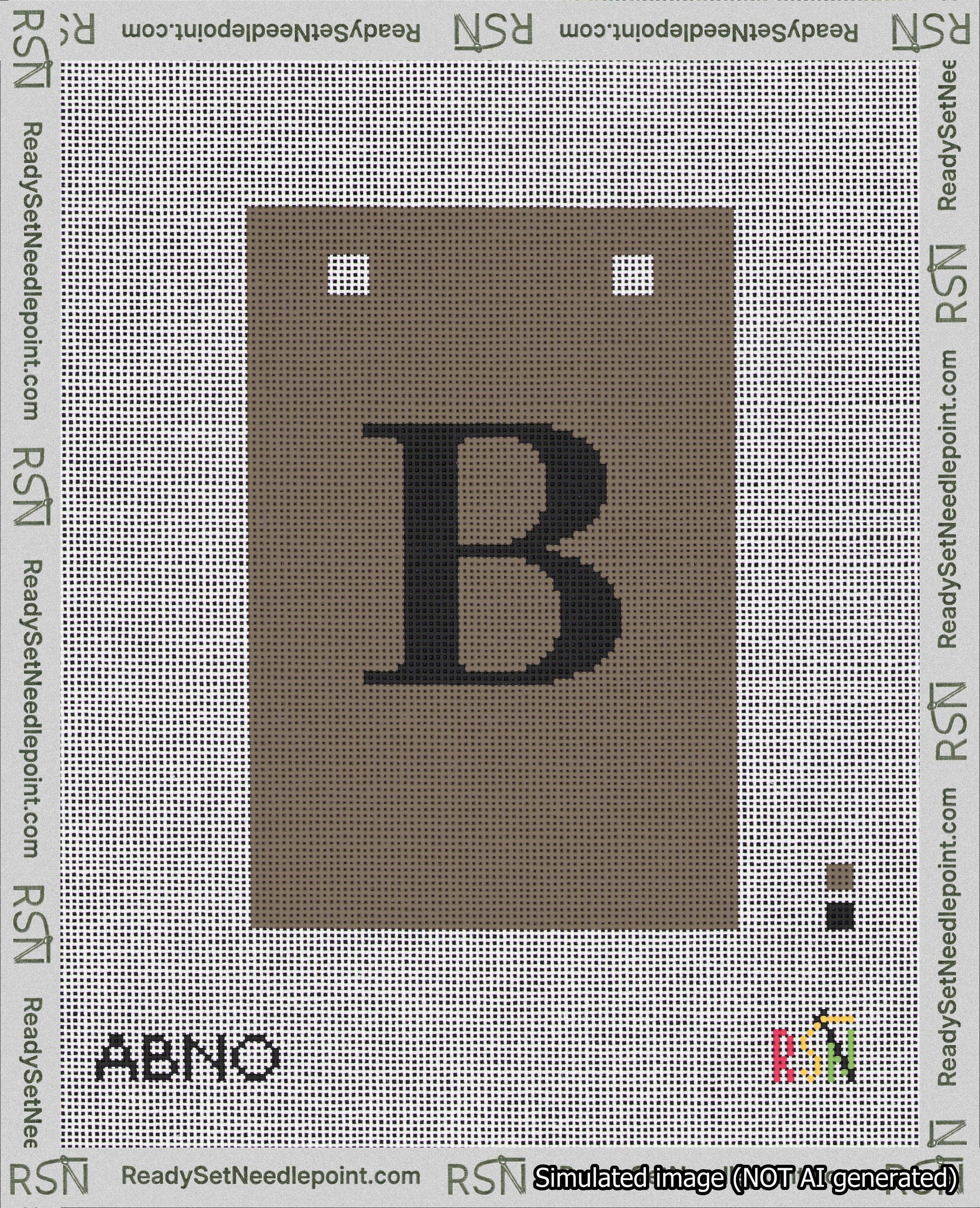 A taped needlepoint canvas with the design: Banner 18 mesh count Squared B Black on Brown.