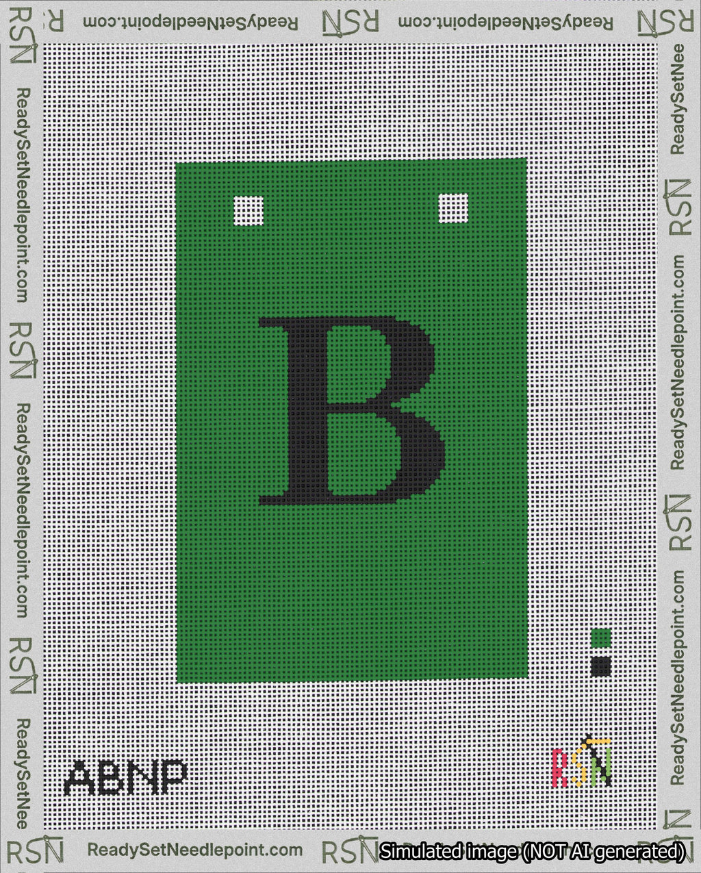 A taped needlepoint canvas with the design: Banner 18 mesh count Squared B Black on Green.
