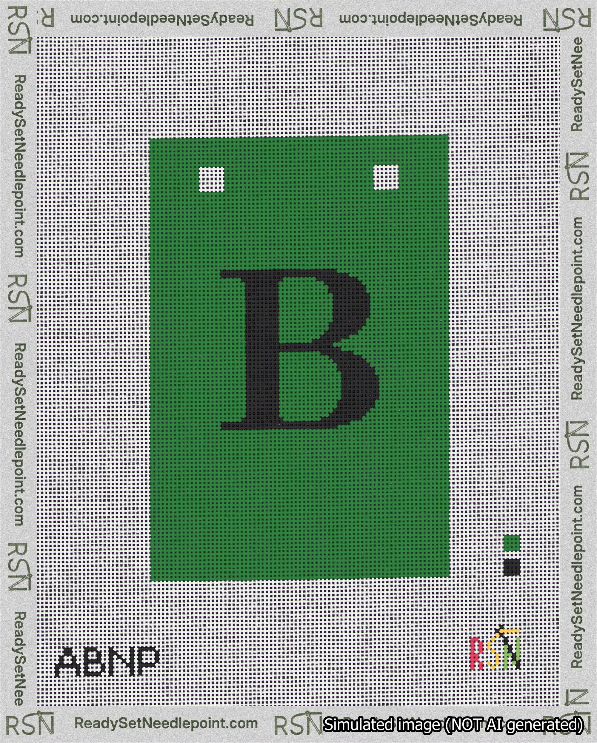 A taped needlepoint canvas with the design: Banner 18 mesh count Squared B Black on Green.