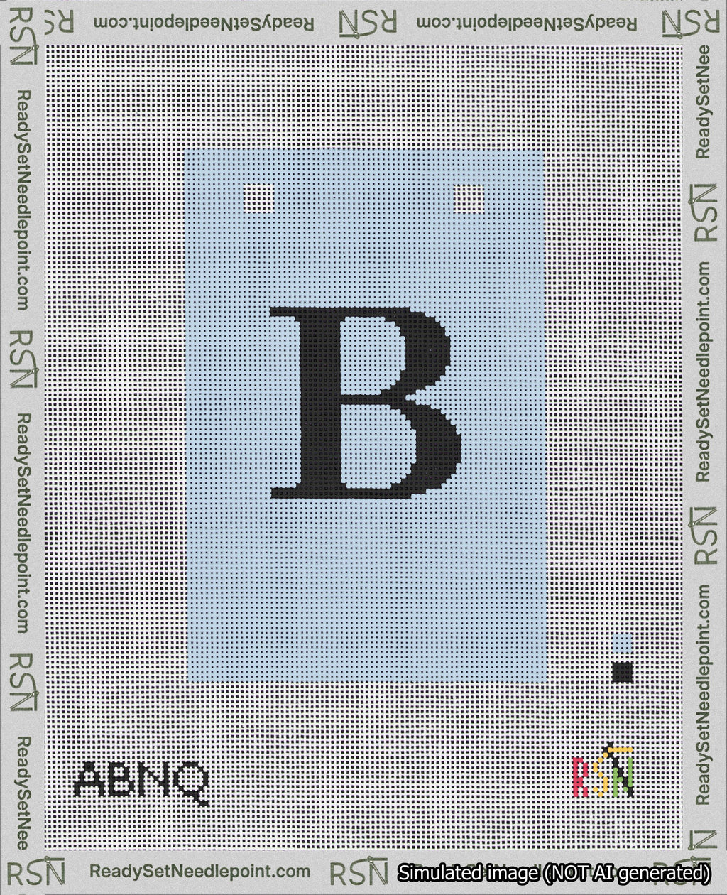 A taped needlepoint canvas with the design: Banner 18 mesh count Squared B Black on Light Blue.