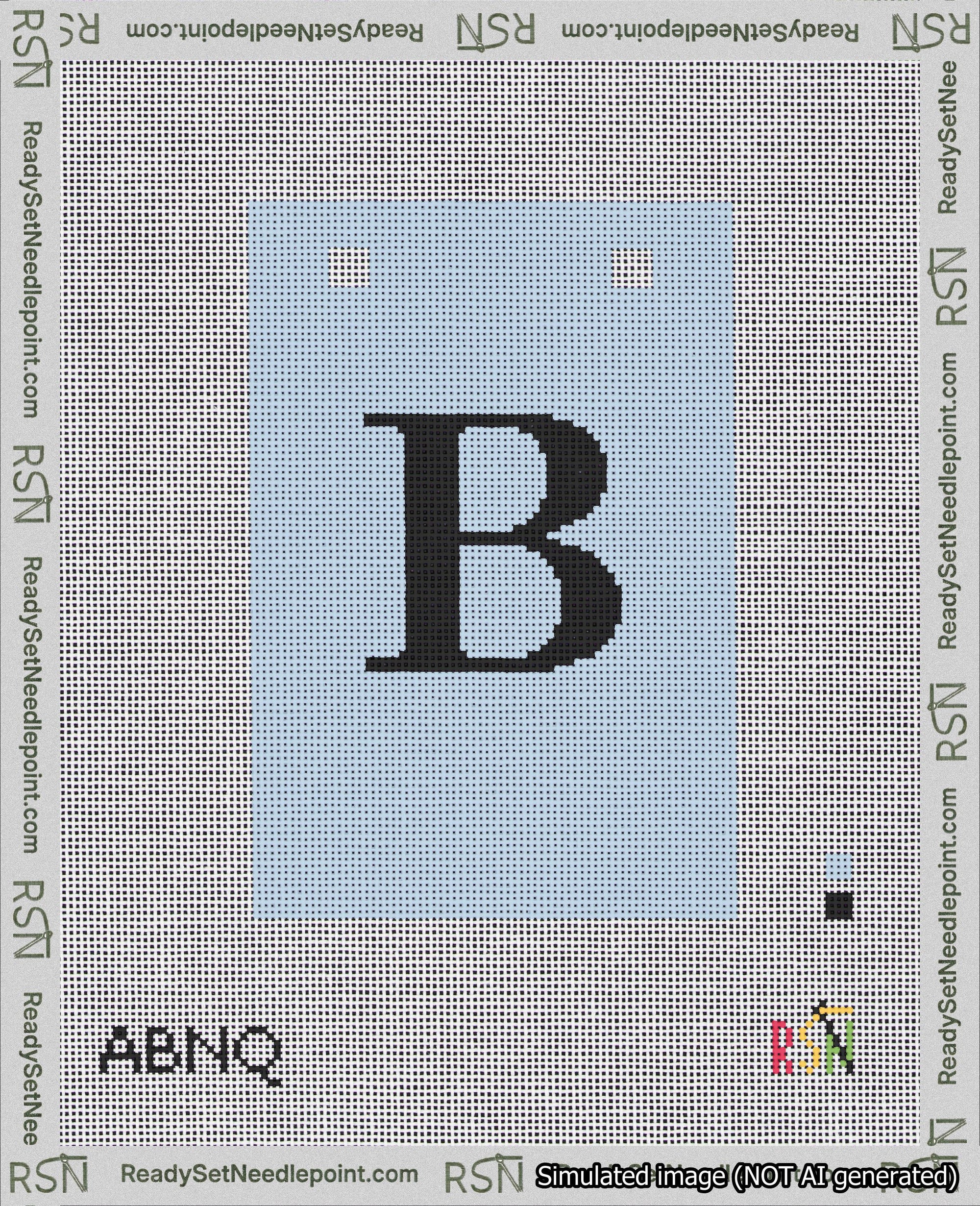 A taped needlepoint canvas with the design: Banner 18 mesh count Squared B Black on Light Blue.