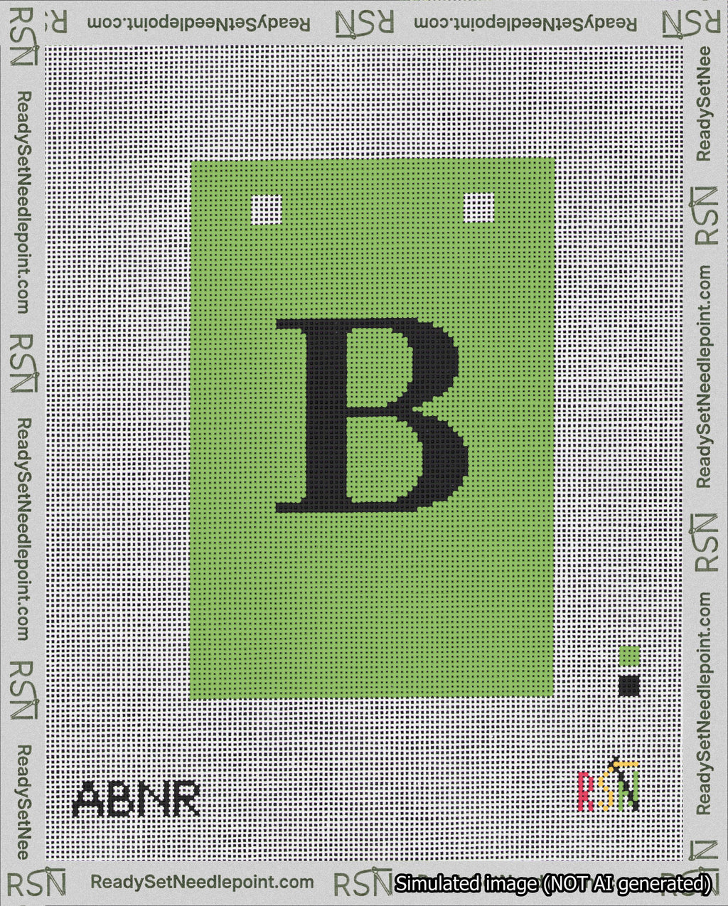 A taped needlepoint canvas with the design: Banner 18 mesh count Squared B Black on Light Green.