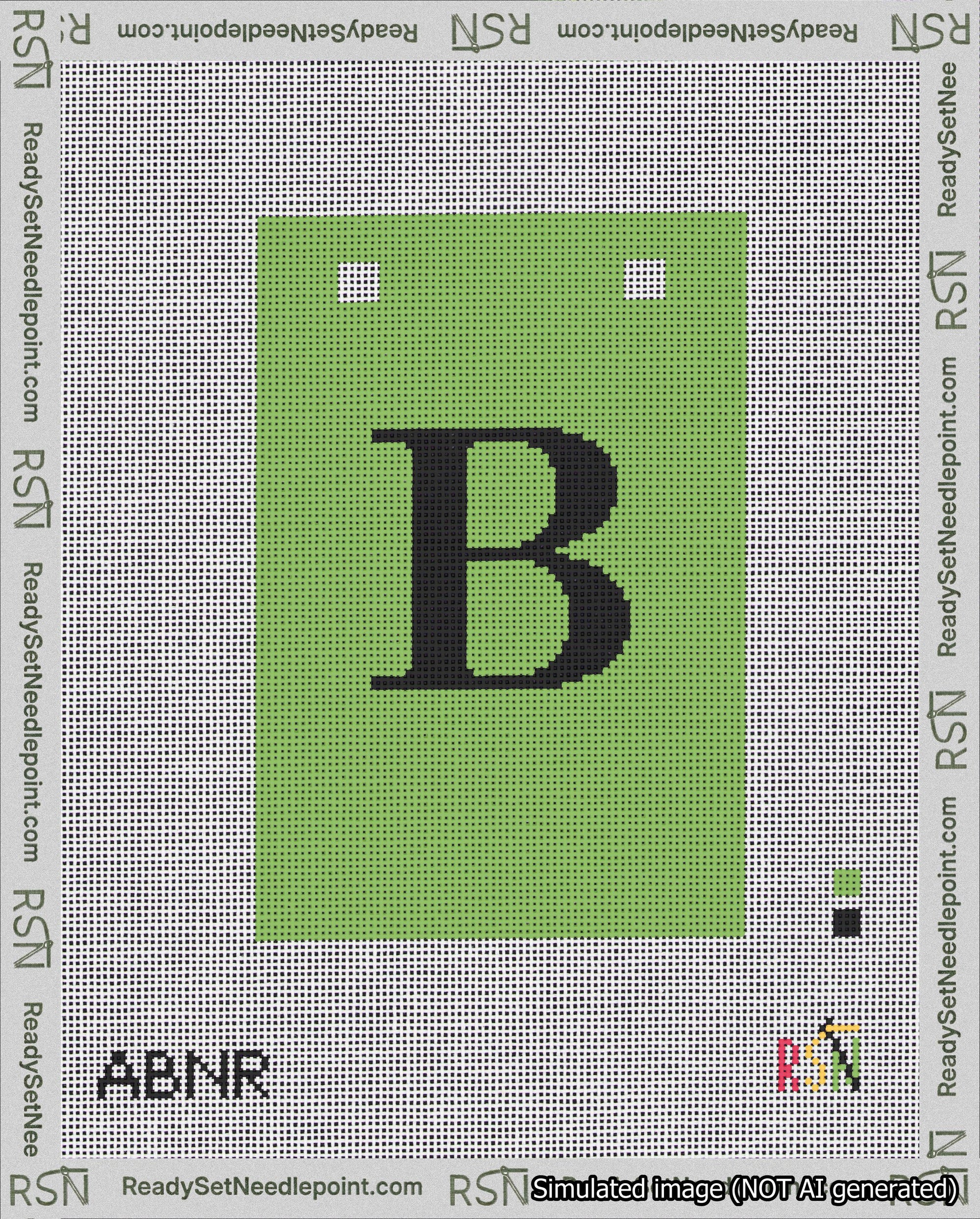 A taped needlepoint canvas with the design: Banner 18 mesh count Squared B Black on Light Green.