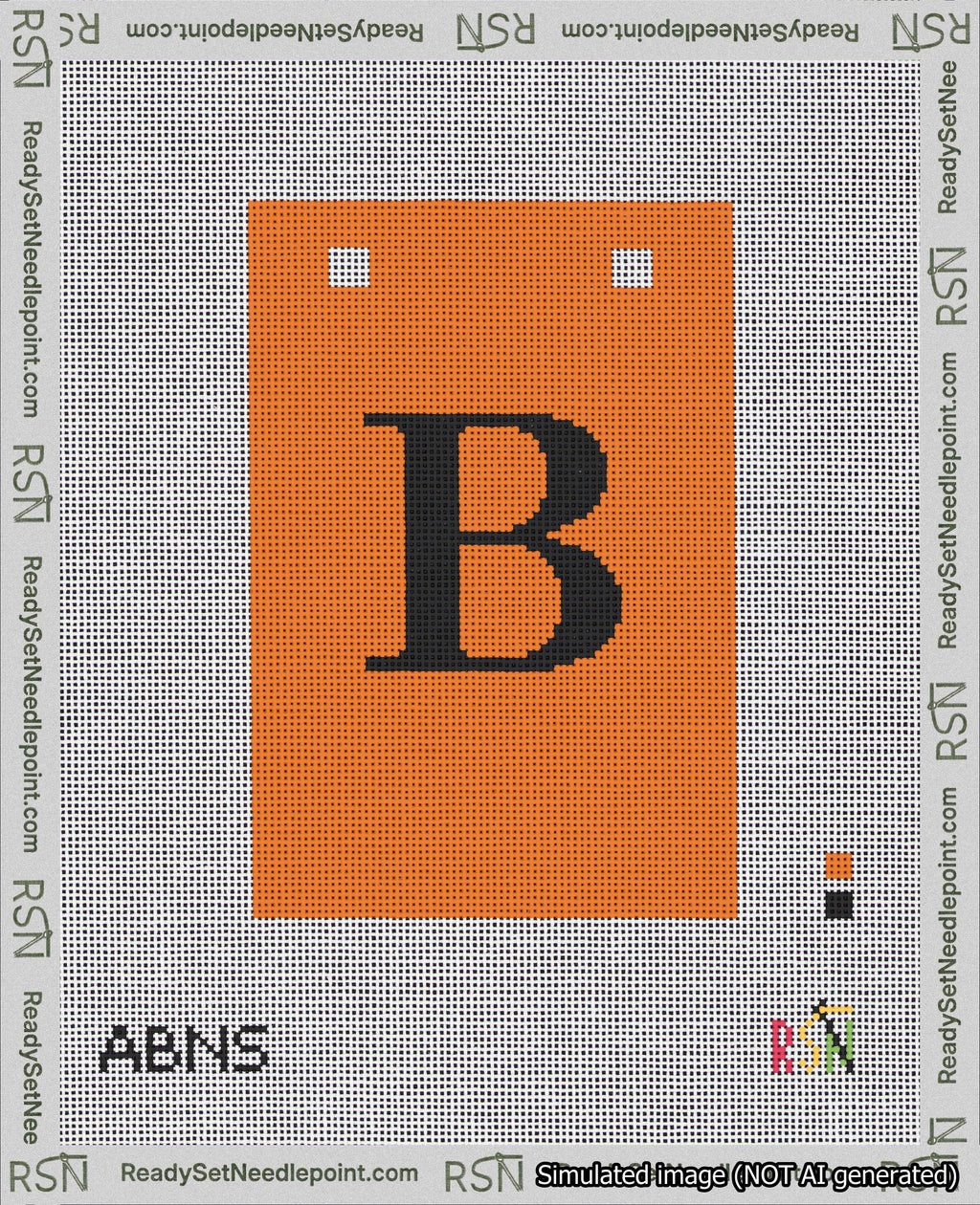 A taped needlepoint canvas with the design: Banner 18 mesh count Squared B Black on Orange.