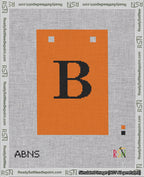 A taped needlepoint canvas with the design: Banner 18 mesh count Squared B Black on Orange.