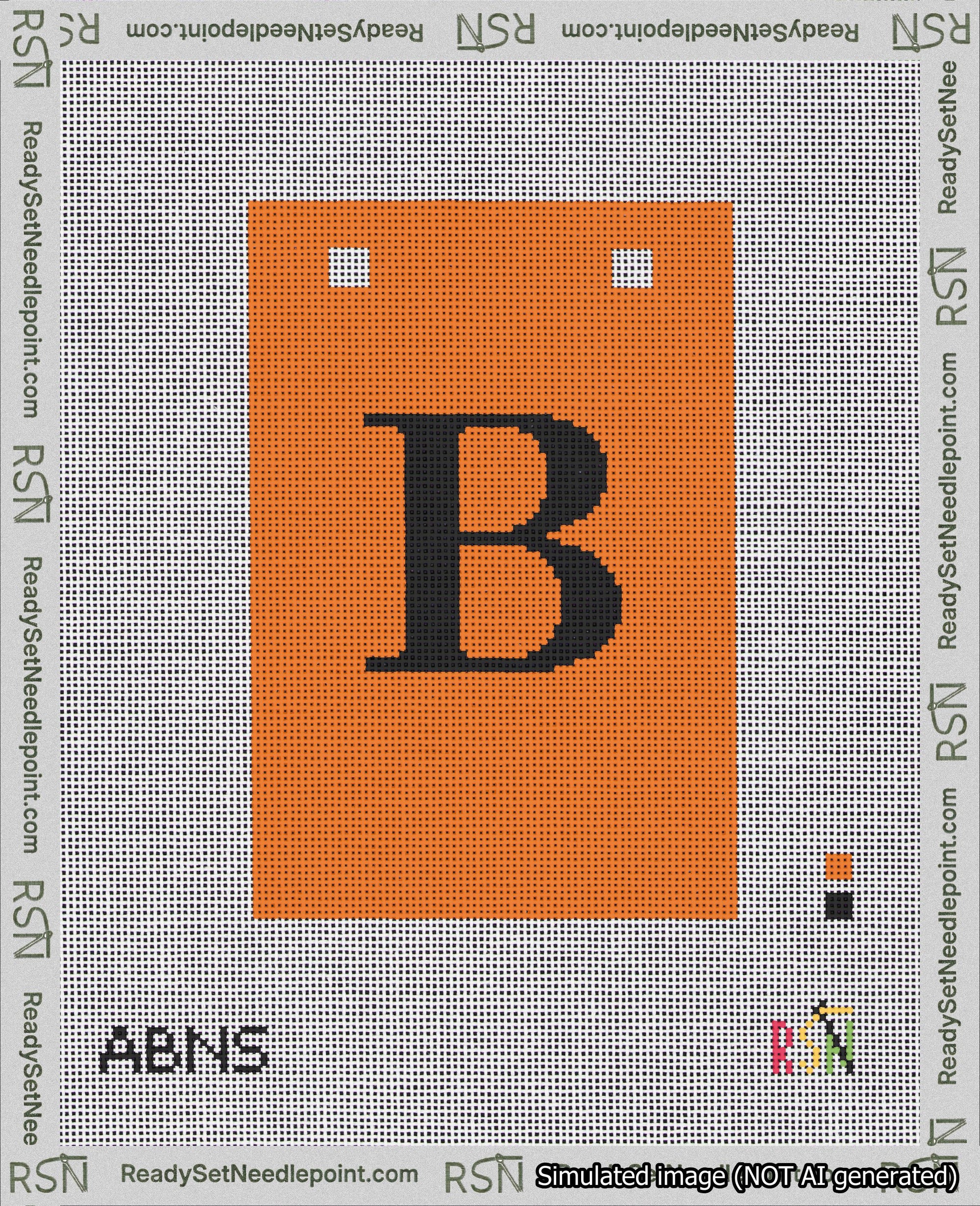 A taped needlepoint canvas with the design: Banner 18 mesh count Squared B Black on Orange.