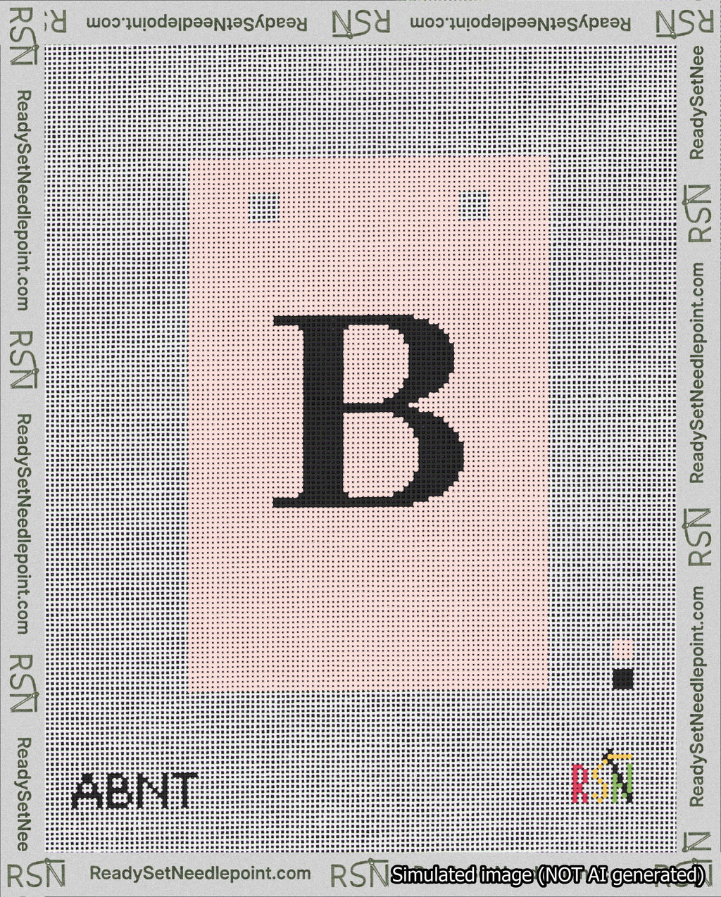 A taped needlepoint canvas with the design: Banner 18 mesh count Squared B Black on Pink.