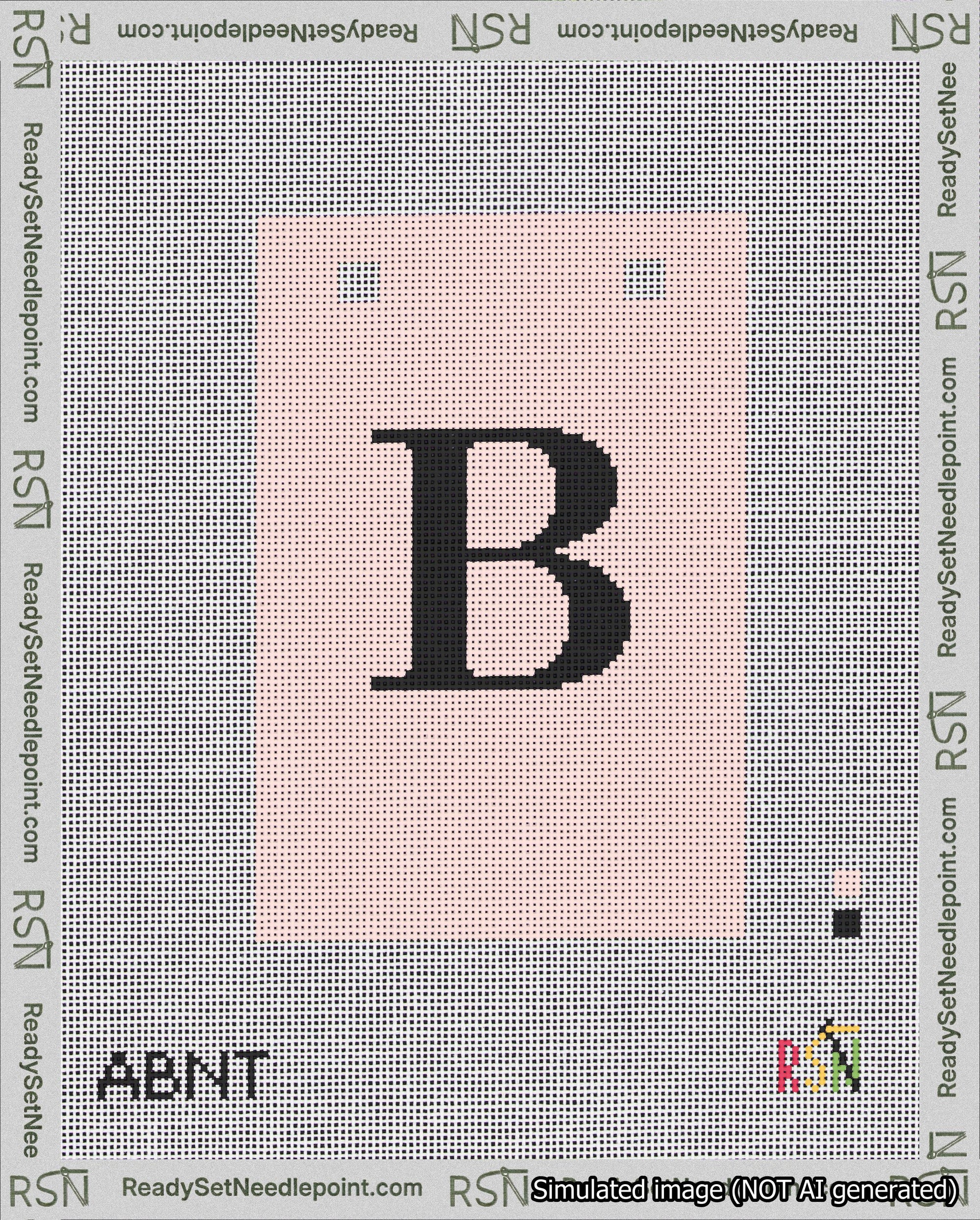A taped needlepoint canvas with the design: Banner 18 mesh count Squared B Black on Pink.